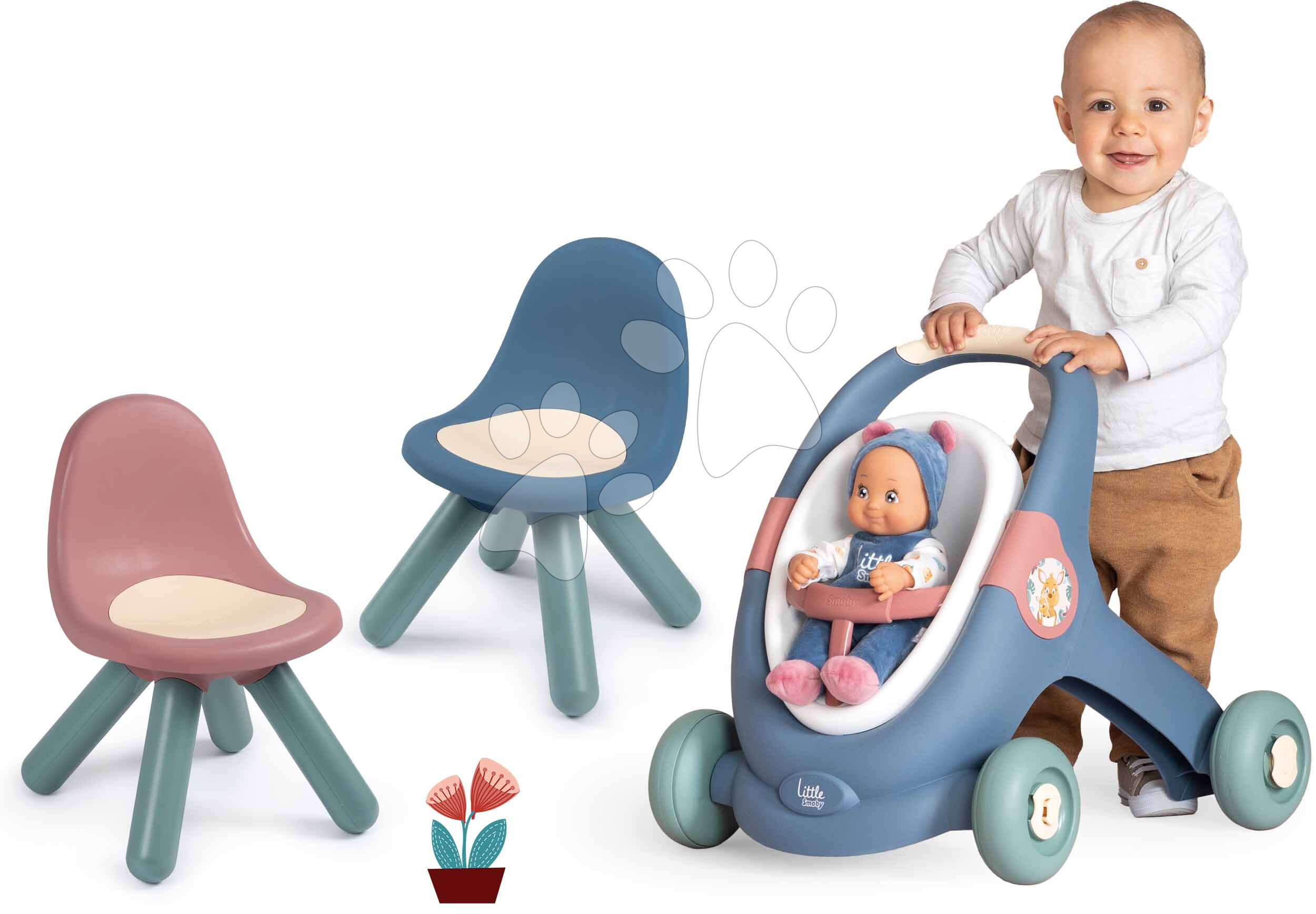 Set didaktické chodítko a kočárek se dvěma židlemi Baby Walker 3v1 + Baby Doll Little Smoby s panenkou 30 cm