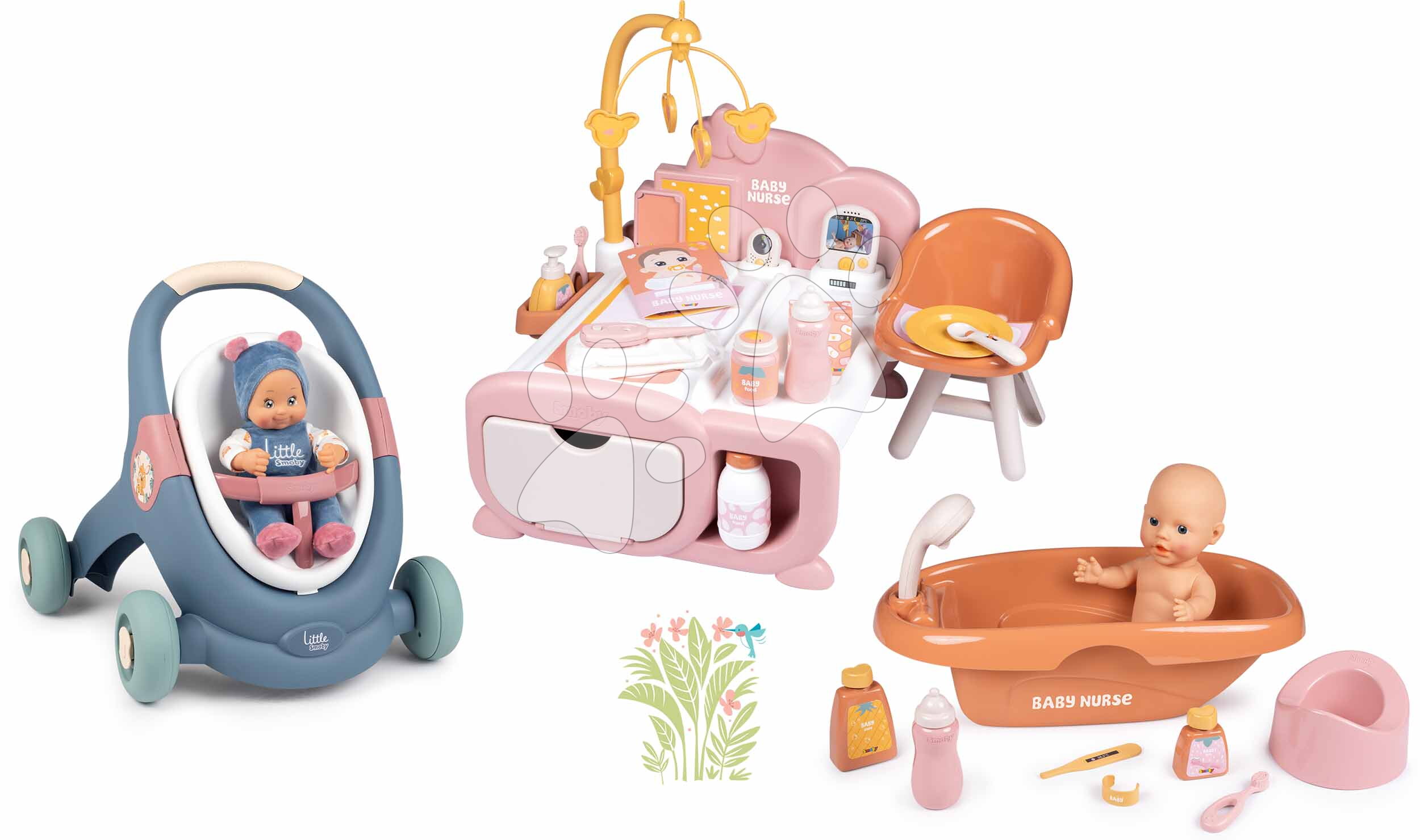 Set didaktické chodítko a kočárek s panenkou v domečku Baby Walker 3v1 + Baby Doll Little Smoby s vaničkou