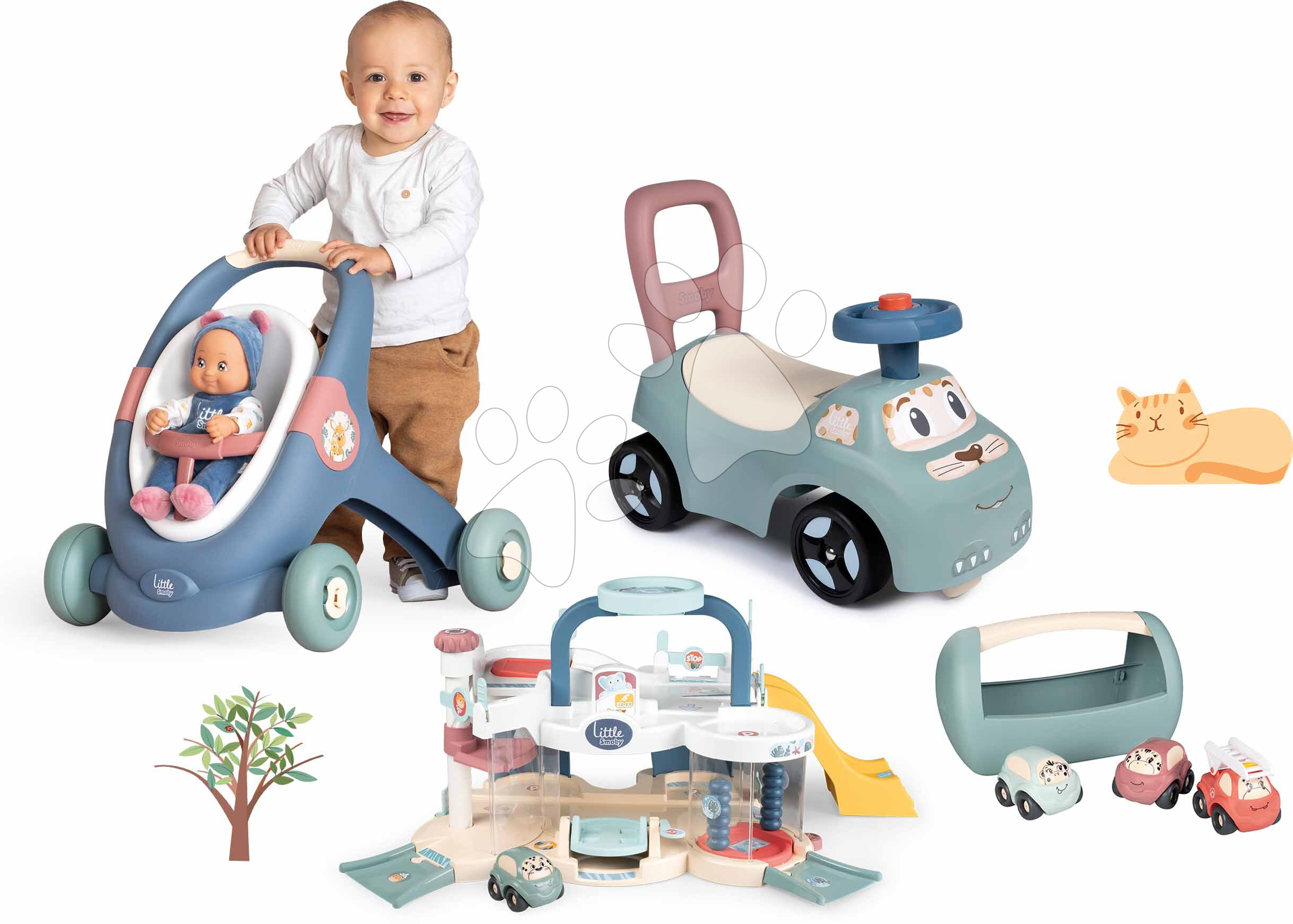 Set didaktické chodítko a kočárek s panenkou Baby Walker 3v1 + Baby Doll Little Smoby a odrážedlo s garáží a autíčky