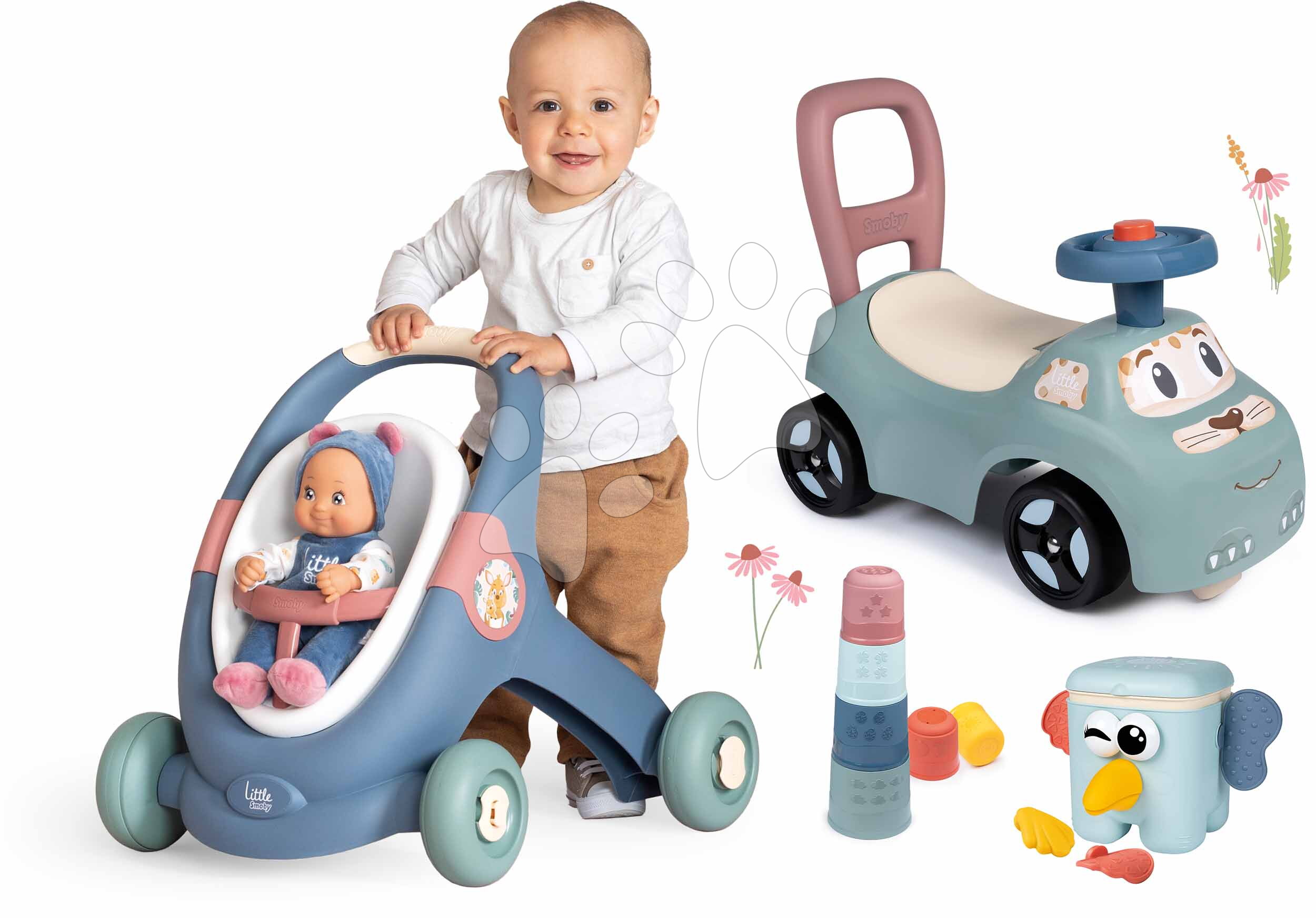 Set didaktické chodítko a kočárek s kouzelnou kostkou Baby Walker 3v1 + Baby Doll Little Smoby s panenkou 30 cm a odrážedlo