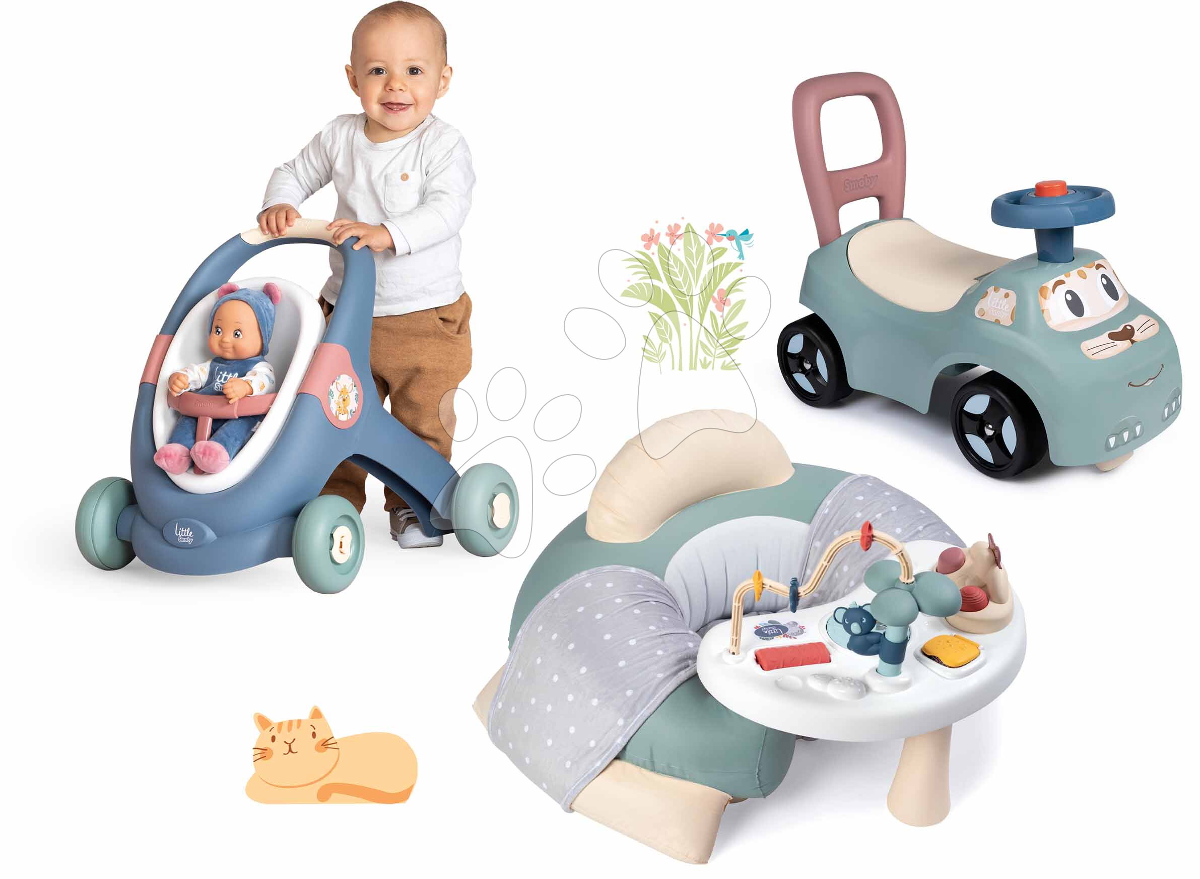 Set didaktické chodítko a kočárek s křeslem Baby Walker 3v1 + Baby Doll Little Smoby a odrážedlo s panenkou 30 cm