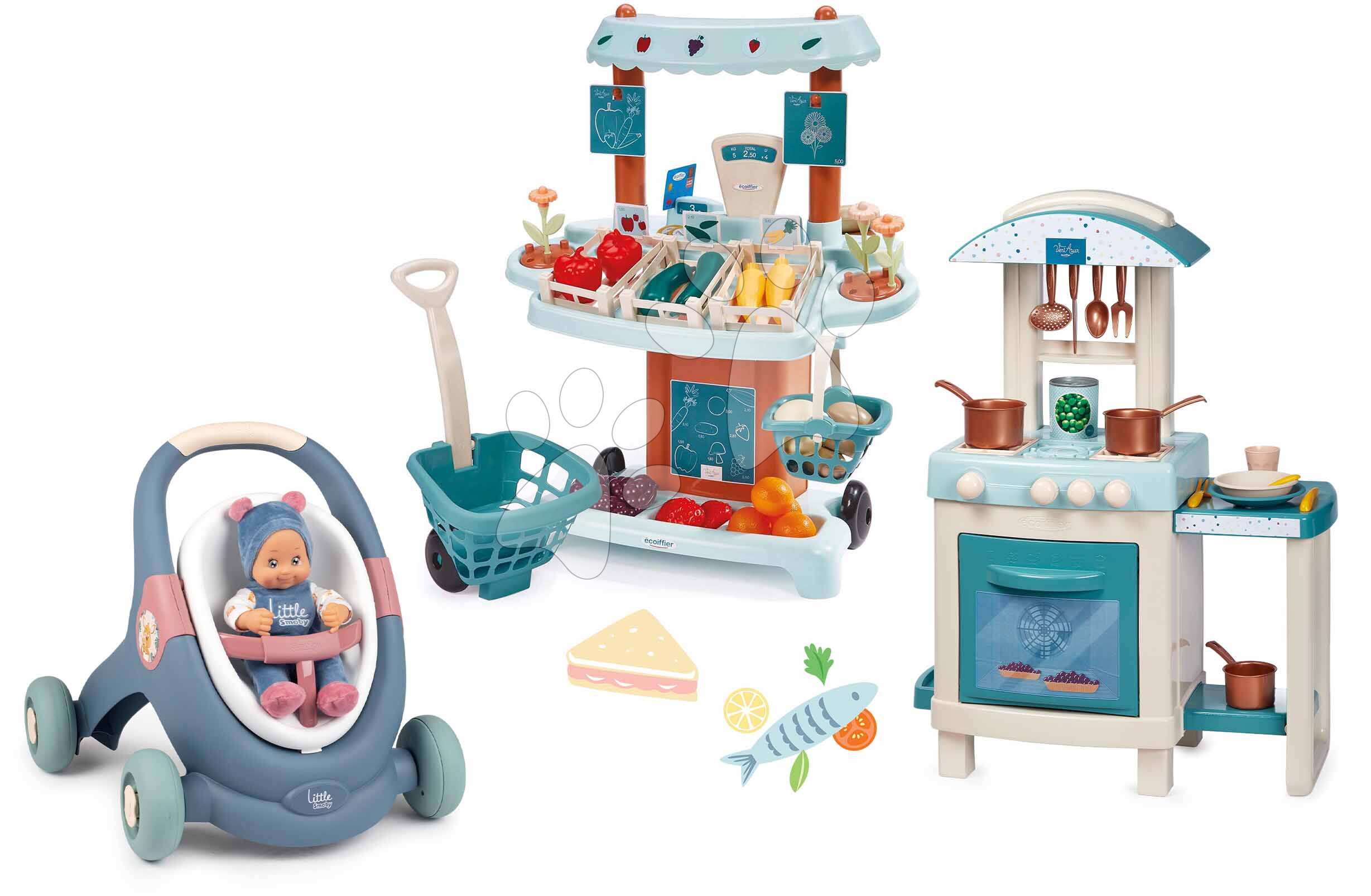 Set didaktické chodítko a kočárek s kuchyňkou Baby Walker 3v1 + Baby Doll Little Smoby s panenkou 30 cm a obchodem