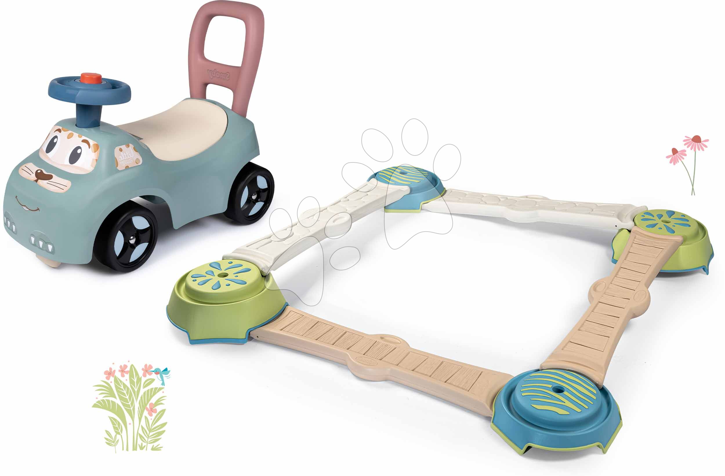 Set odrážadlo a chodítko s klaksónom Auto Ride On Little Smoby s dobrodružnou dráhou so 4 chodníkmi