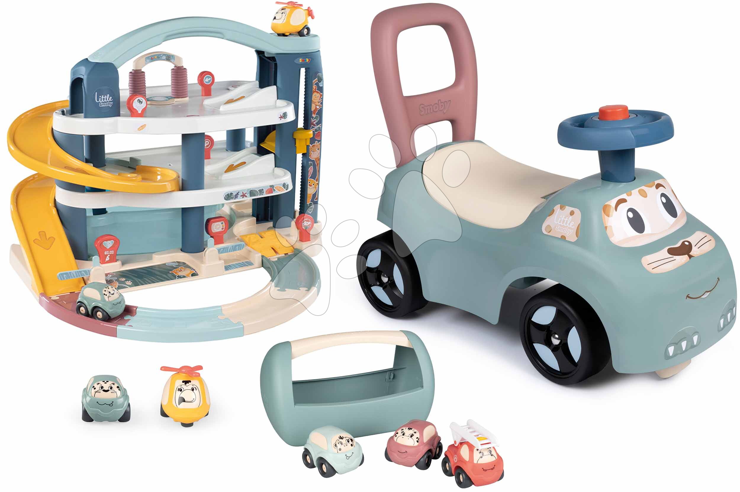 Set odrážedlo a chodítko s patrovou garáží Auto Ride On Little Smoby a kufřík s autíčky