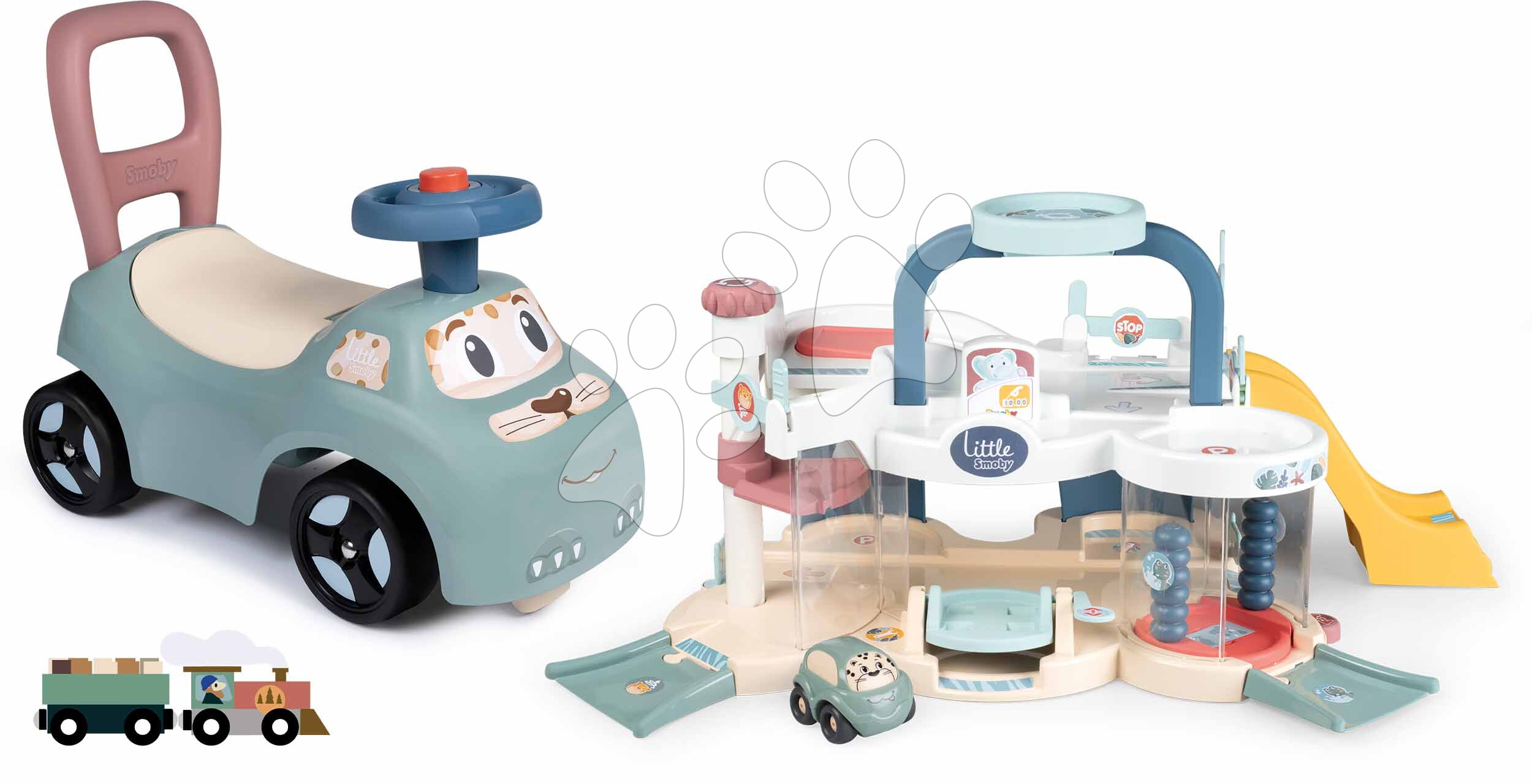 Set odrážedlo a chodítko s garáží Auto Ride On Little Smoby a autíčkem
