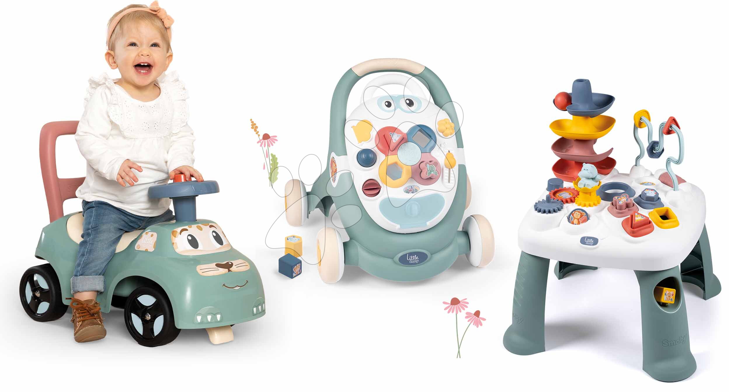 Set odrážadlo a chodítko s didaktickým stolíkom Auto Ride On Little Smoby a chodítko s kočíkom 3v1