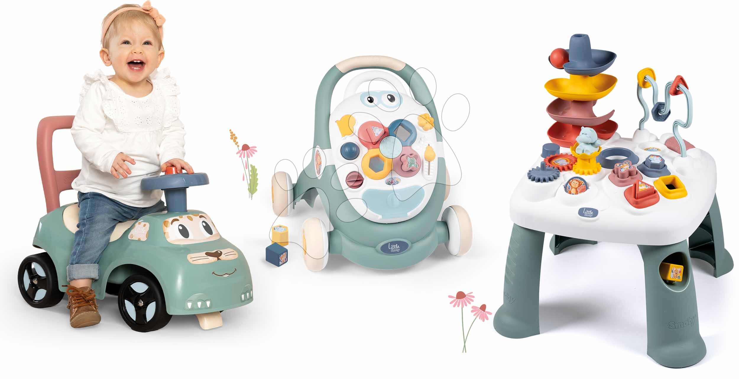 Set odrážedlo a chodítko s didaktickým stolkem Auto Ride On Little Smoby a chodítko s kočárkem 3v1