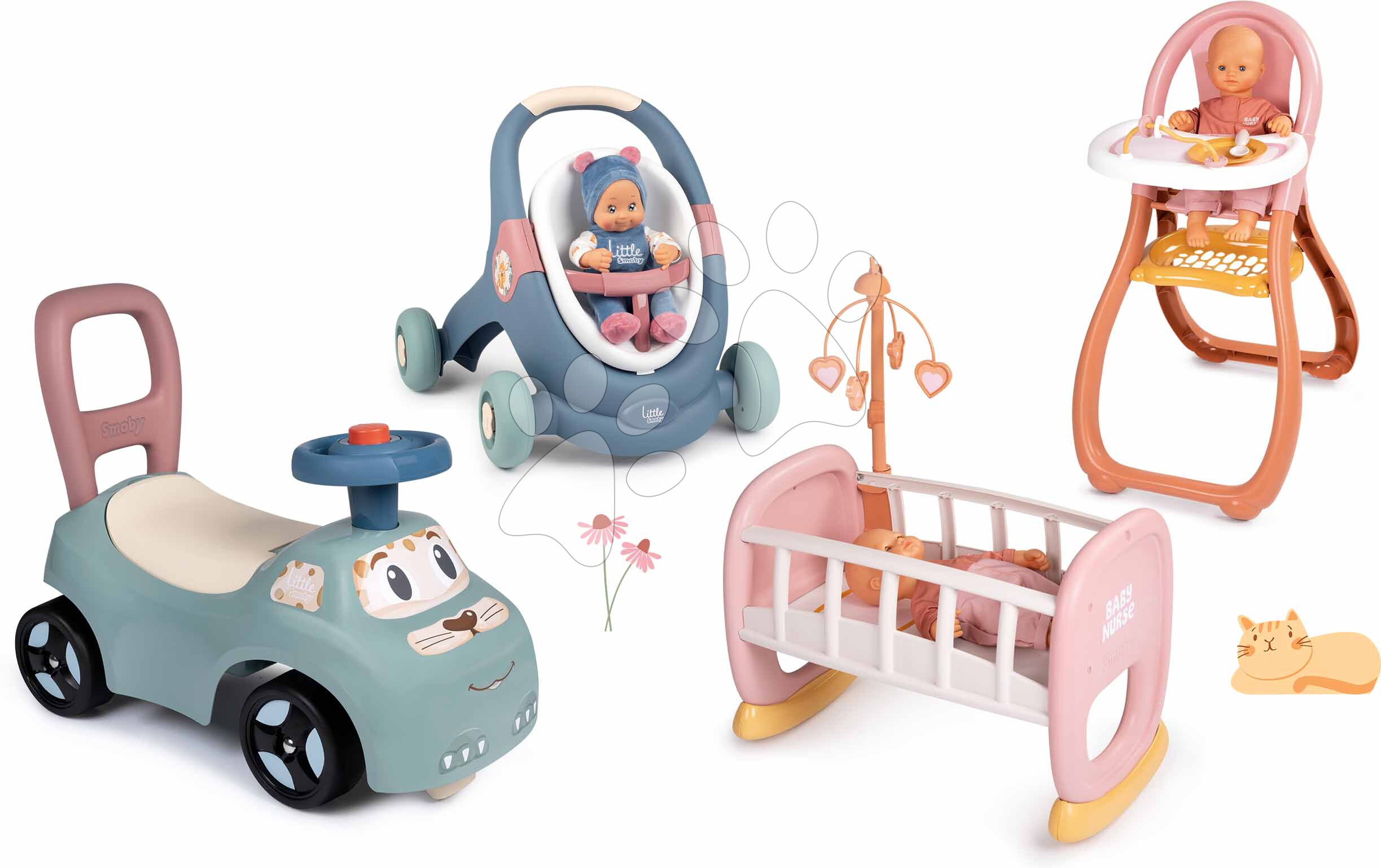 Set odrážedlo a chodítko s kočárkem a panenkou Auto Ride On Little Smoby a jídelní židle s kolébkou