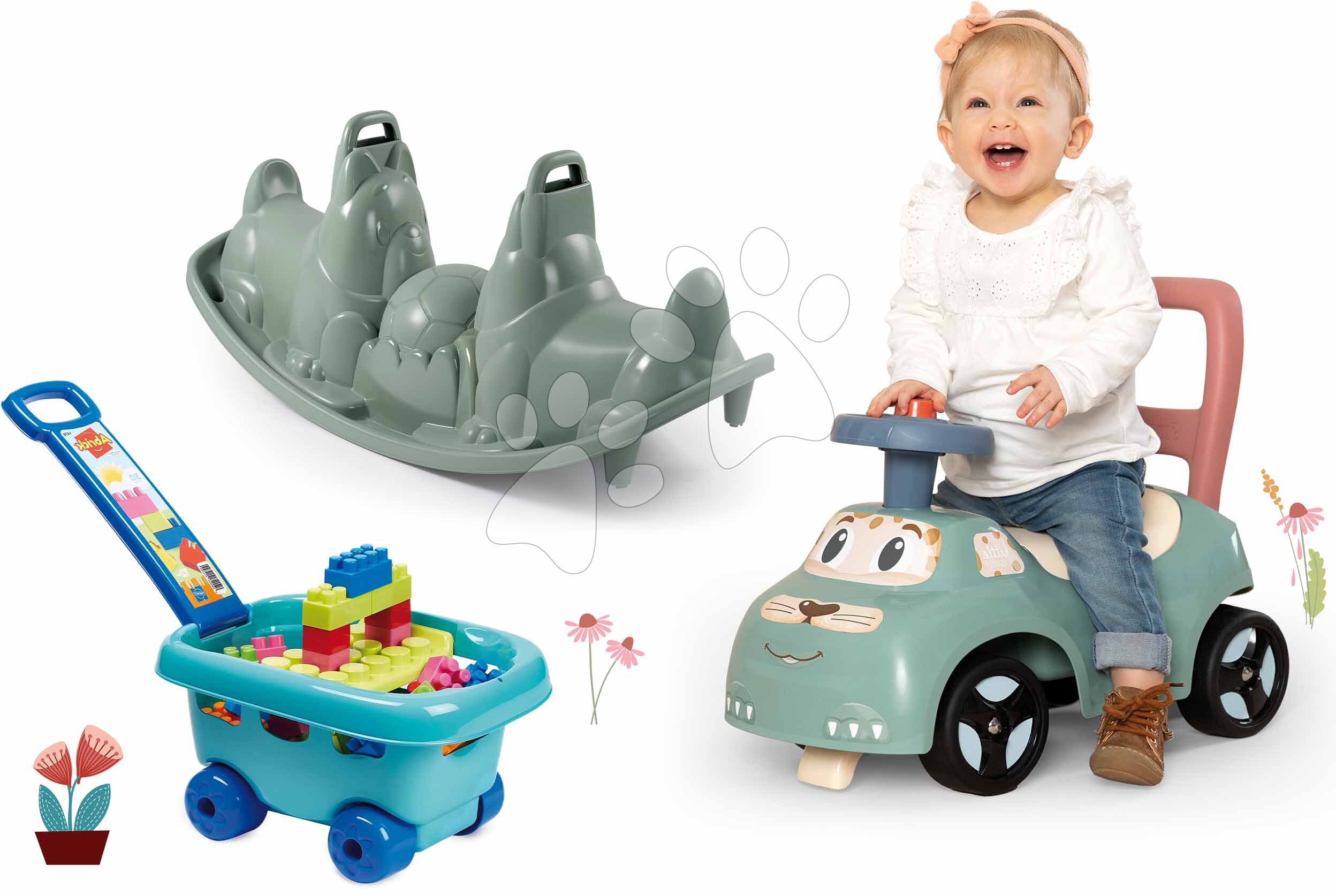 Set odrážedlo a chodítko s obojstrannou houpačkou Auto Ride On Little Smoby s klaksonem a vozík na tahání s kostkami