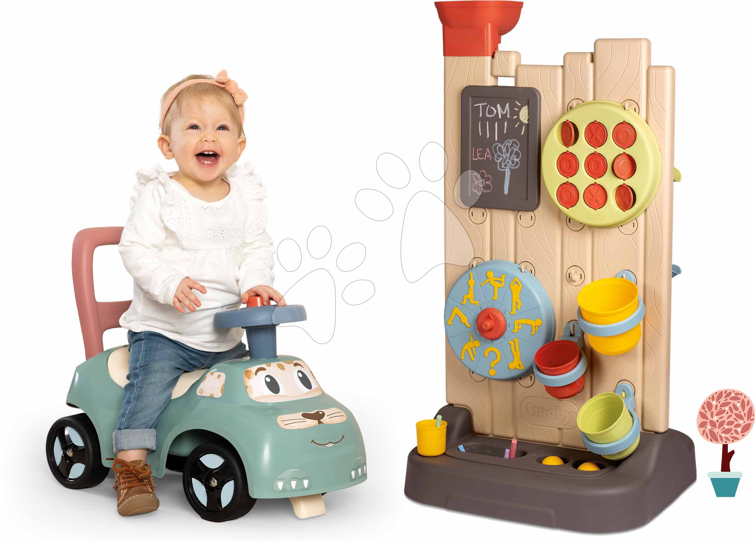 Set odrážedlo a chodítko se zvukem Auto Ride On Little Smoby a hrací stěna s aktivitami do pokoje a na dvůr