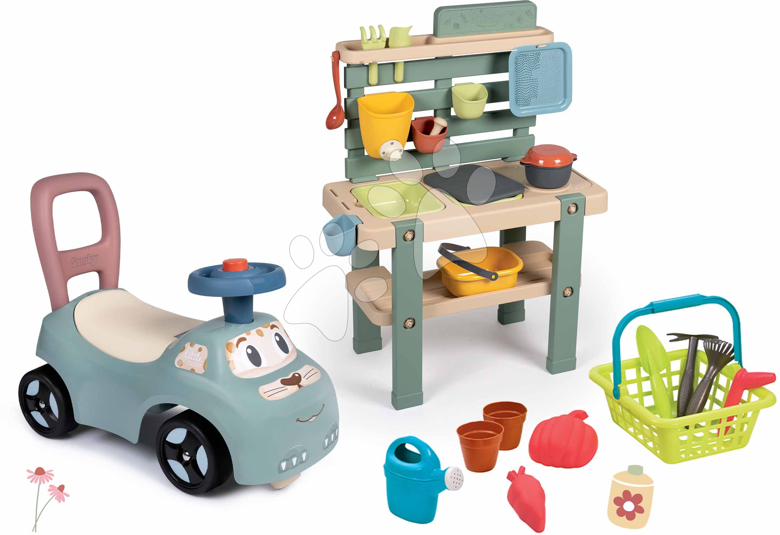 Set odrážedlo a chodítko se zahradním stolkem Auto Ride On Little Smoby pro zahradníka s nádrží na vodu