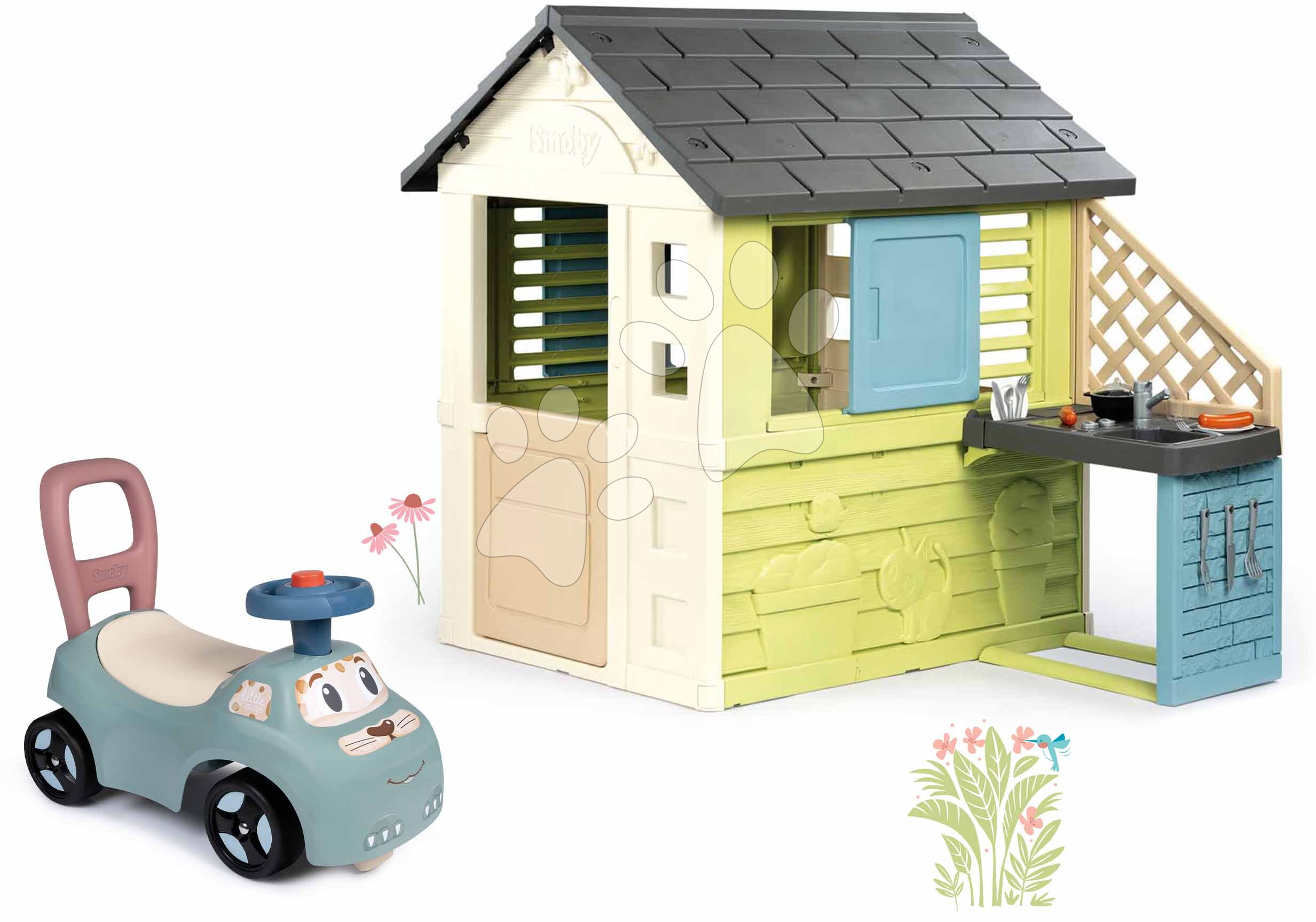 Set odrážedlo a chodítko se zvukem Auto Ride On Little Smoby a domeček s kuchyňkou se 17 doplňky