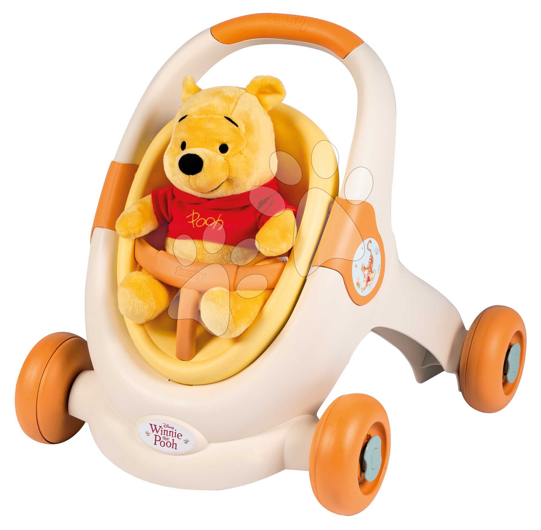 Didaktikus járássegítő és babakocsi Micimackó Baby Walker 3v1 Smoby 25 cm plüssfigurával és fékkel 12 hó-tól