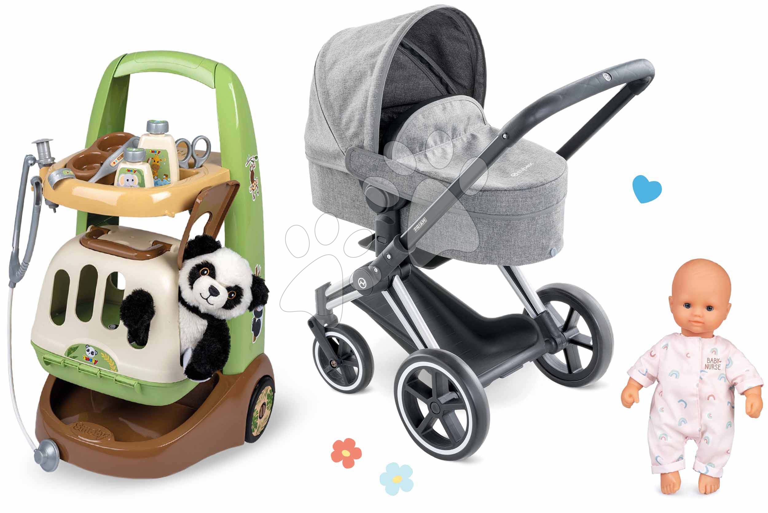 Set kočík a zverolekársky vozík Cybex Landau 3v1 Priam Corolle s kufríkom pre plyšovú pandu a 32 cm bábika Baby Nurse