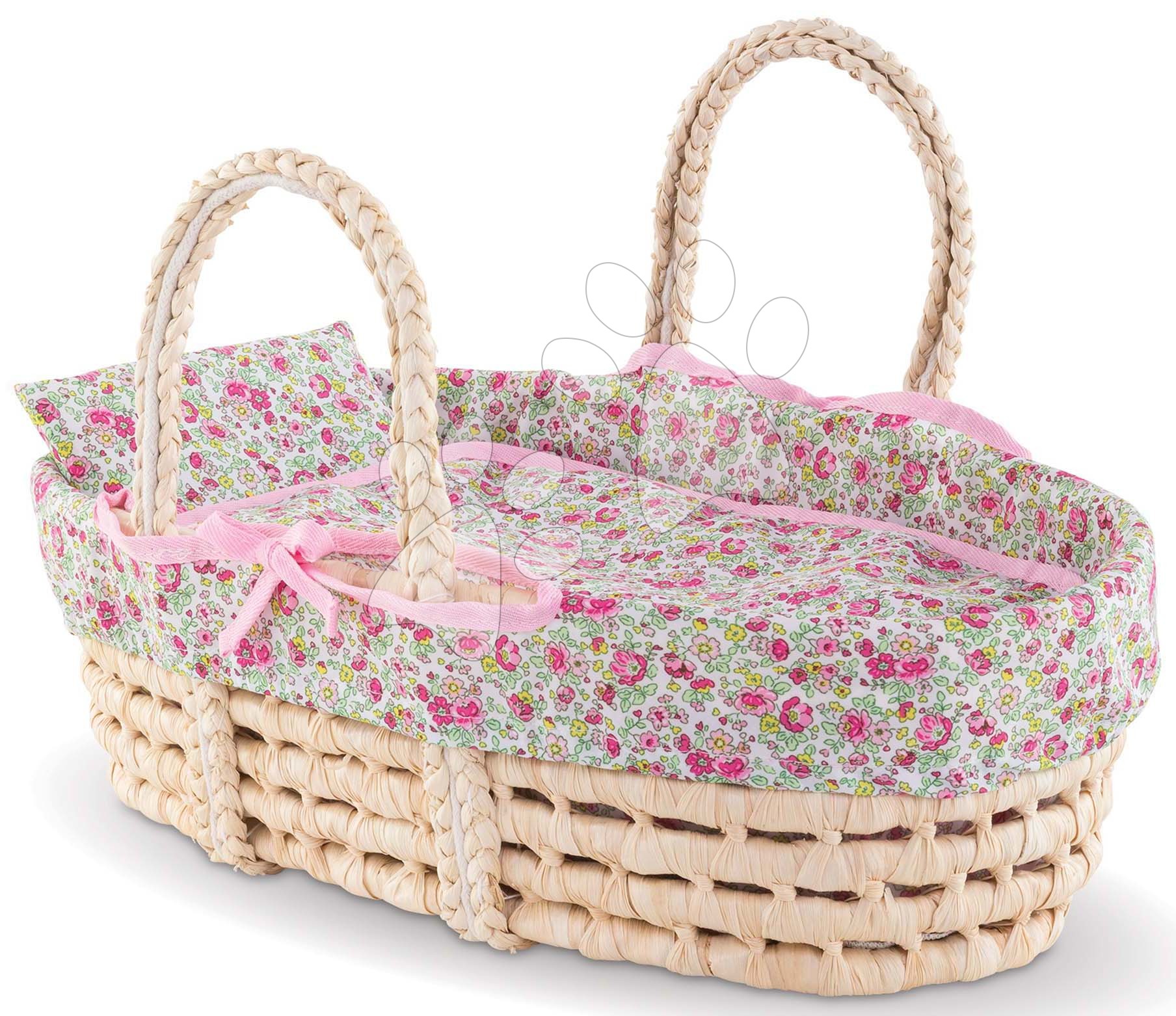 Postieľky a kolísky pre bábiky - Prútený košík s prikrývkou a vankúšom Braided Basket Floral Corolle pre 36-42 cm bábiku