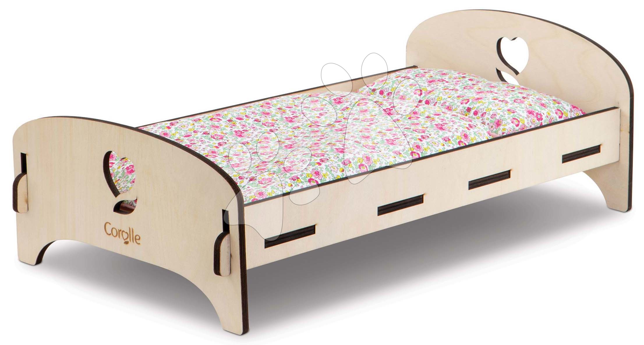 Postieľky a kolísky pre bábiky - Drevená postieľka Wooden Bed Floral Corolle pre 30-36 cm bábiku