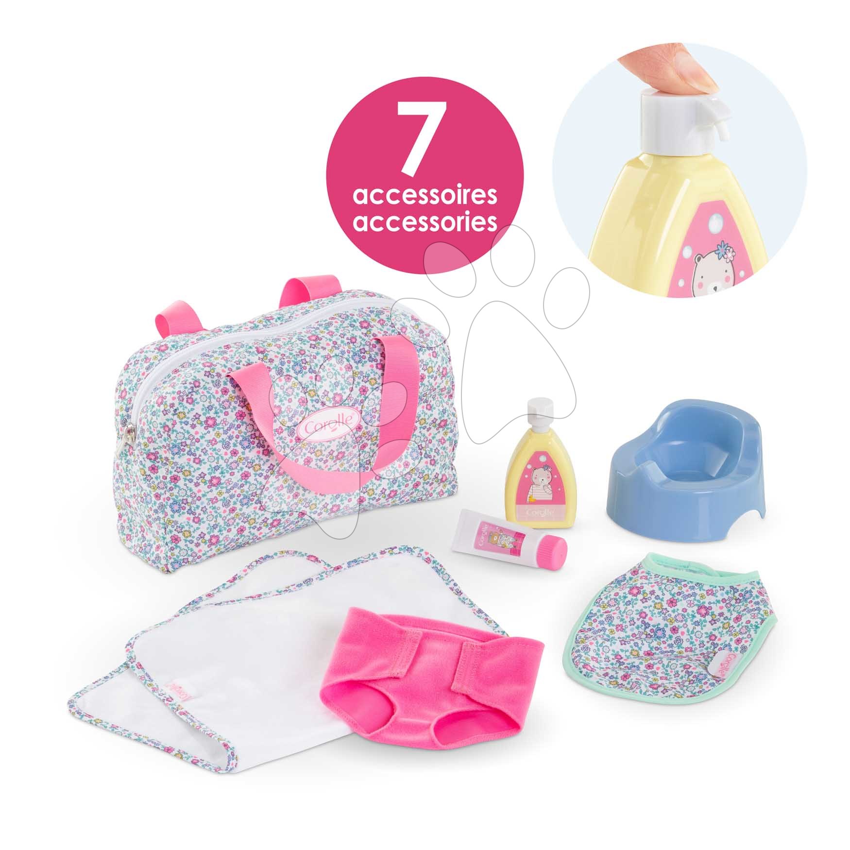 Pelenkázótáska játékbabának Flowered Changing Accessories Set Corolle 36 cm babának 7 kiegészitő 24 hó-tól