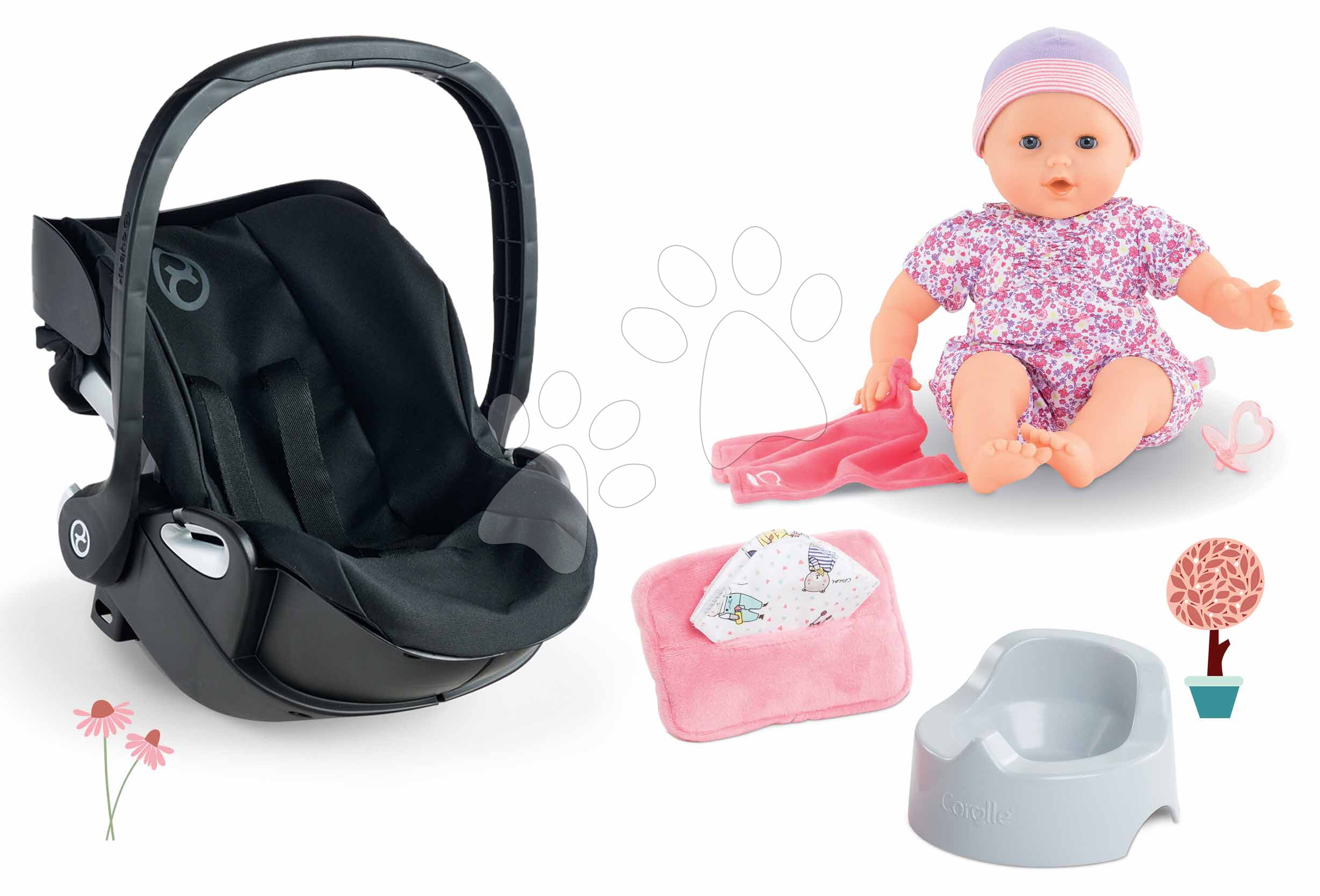 Set vajíčko s panenkou Emilie Baby Doll Carrier Cybex Priam 2in1 Black Corolle a nočník s utěrkami