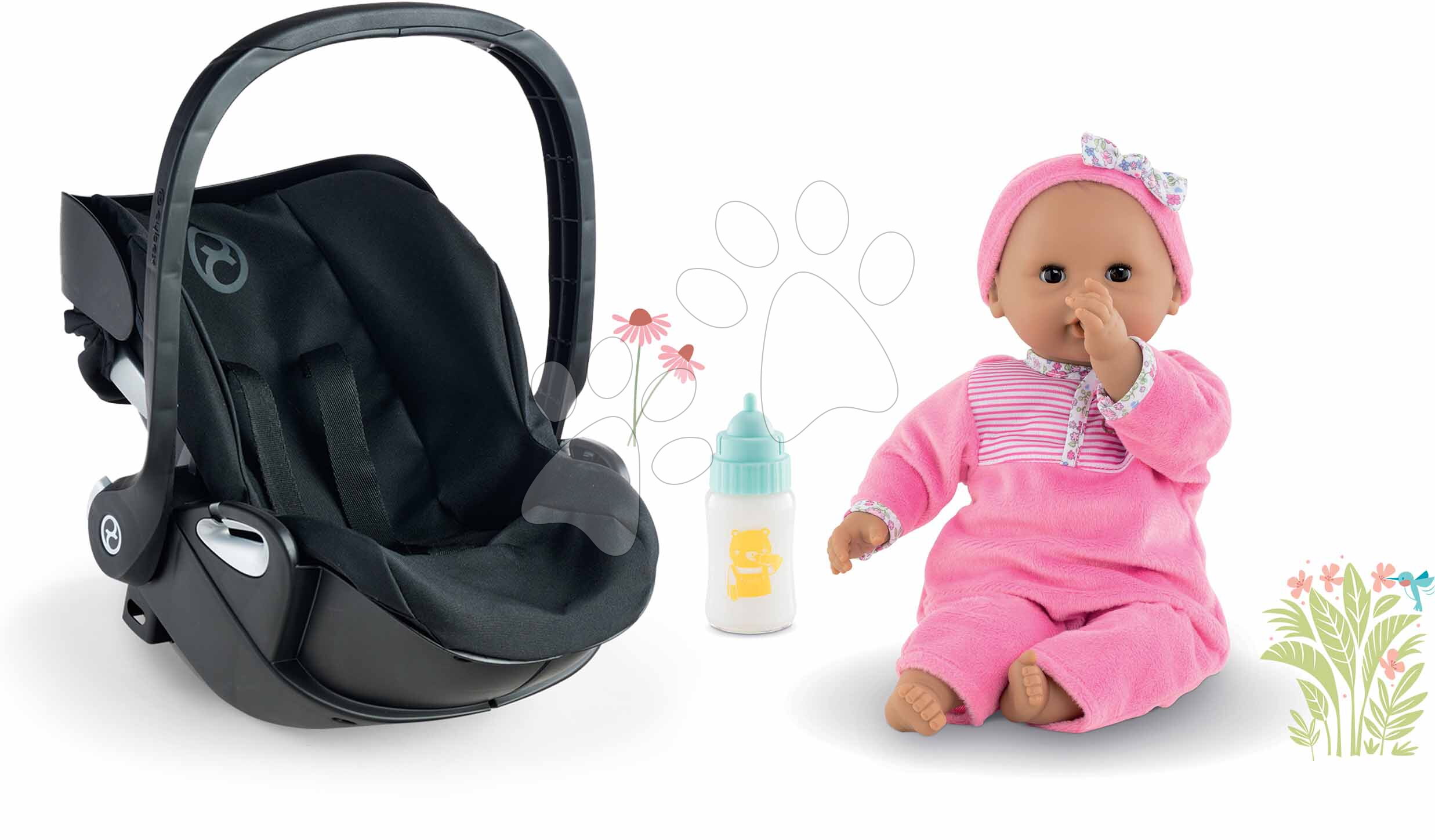 Set vajíčko s panenkou Bébé Baby Doll Carrier Cybex Priam 2in1 Black Corolle a láhev na krmení se zvukem