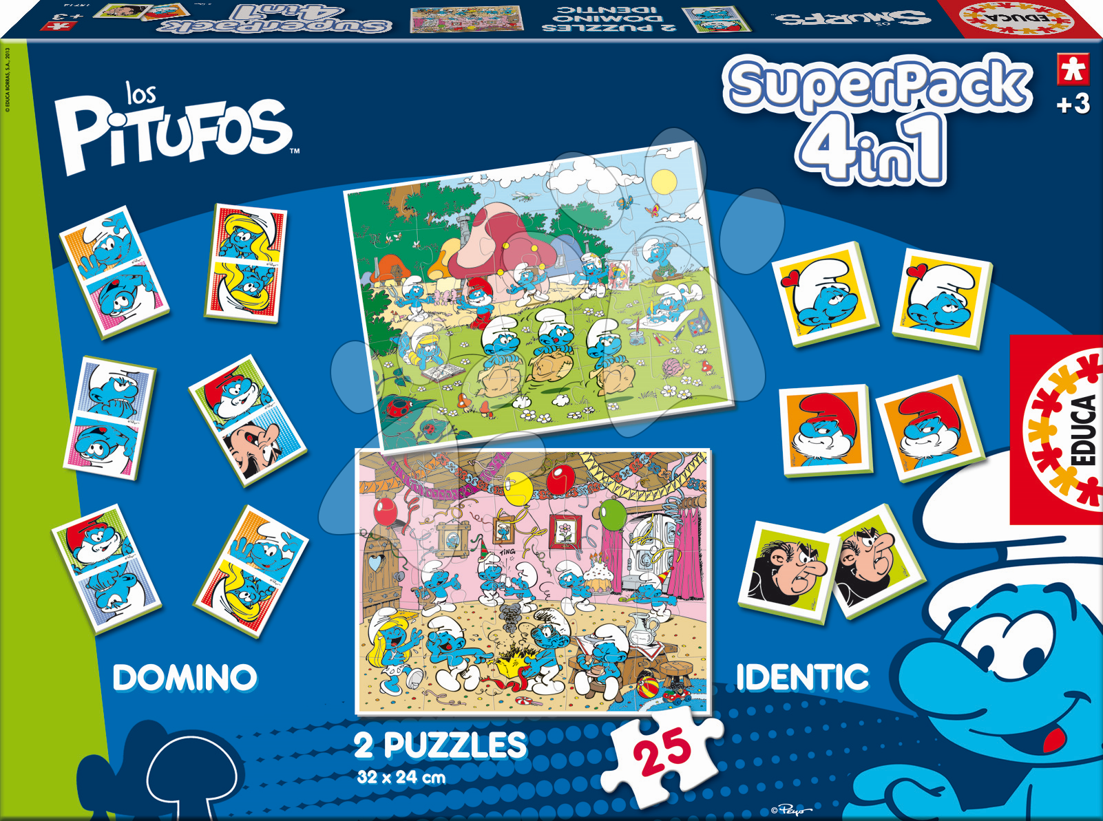 Progresívne detské puzzle - SuperPack Šmolkovia 4v1 Educa 2x puzzle, domino, pexeso