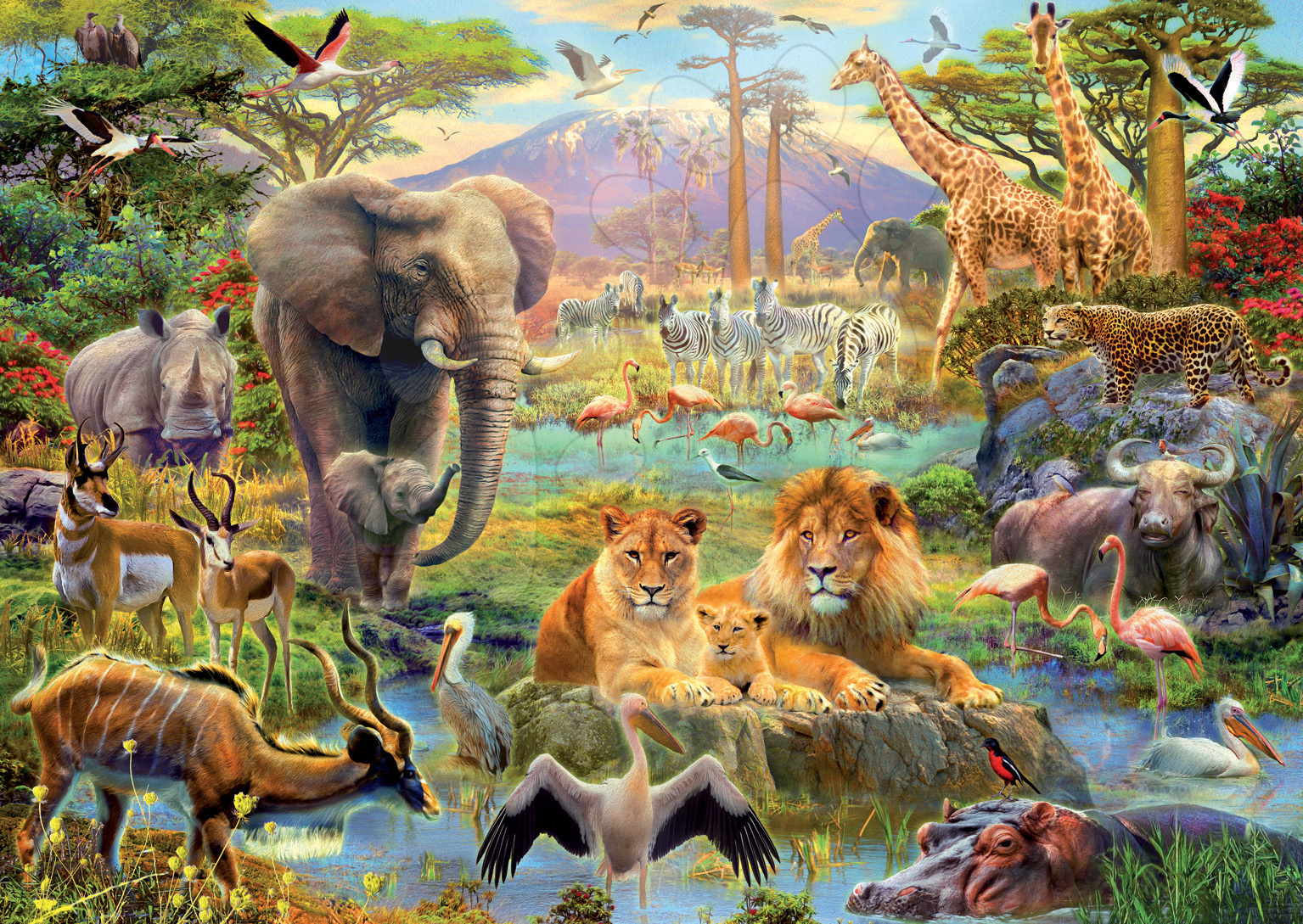 Развлечение в мире животных. Пазл Саванна Educa. Пазл Ravensburger джунгли (16610), 2000 дет.. Африка пустыня Саванна джунгли. Много животных.