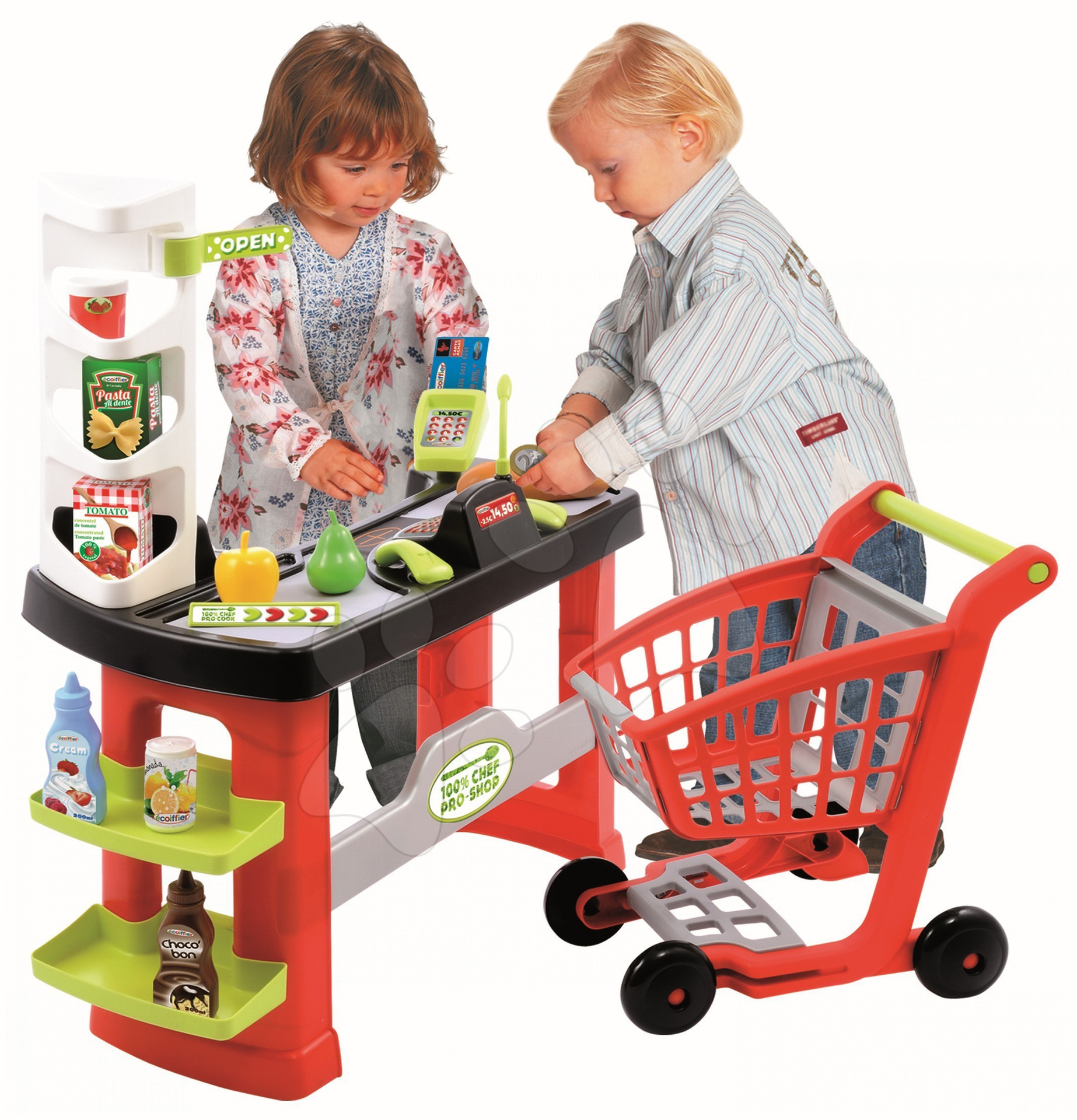 Obchody pre deti - SuperMarket 100% Chef Écoiffier s vozíkom a pokladňou s 20 doplnkami od 18 mes
