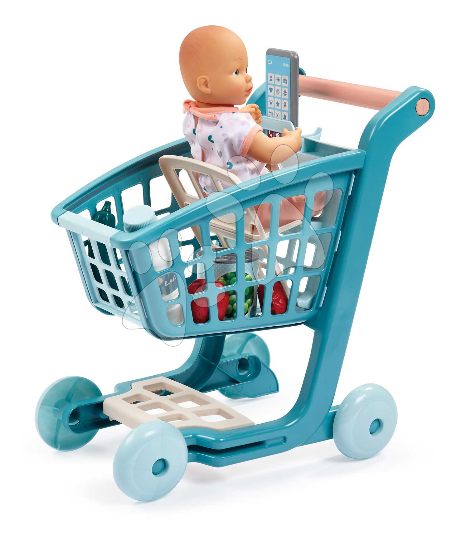 Bevásárlókocsi 30 cm babával Trolley Doll Vert Azur Écoiffier 8 kiegészítővel okostelefonnal 18 hó-tól