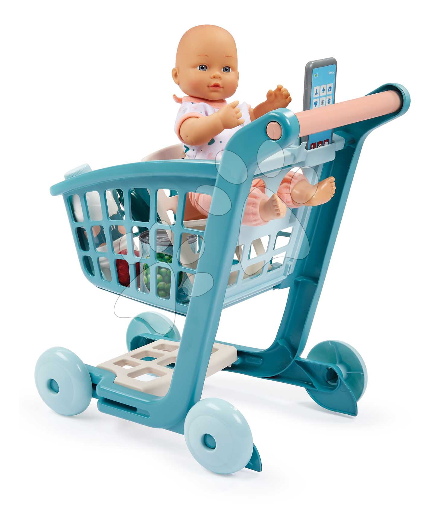 Nákupný vozík s 30 cm bábikou Trolley Doll Vert Azur Écoiffier 8 doplnkov so smartfónom od 18 mes