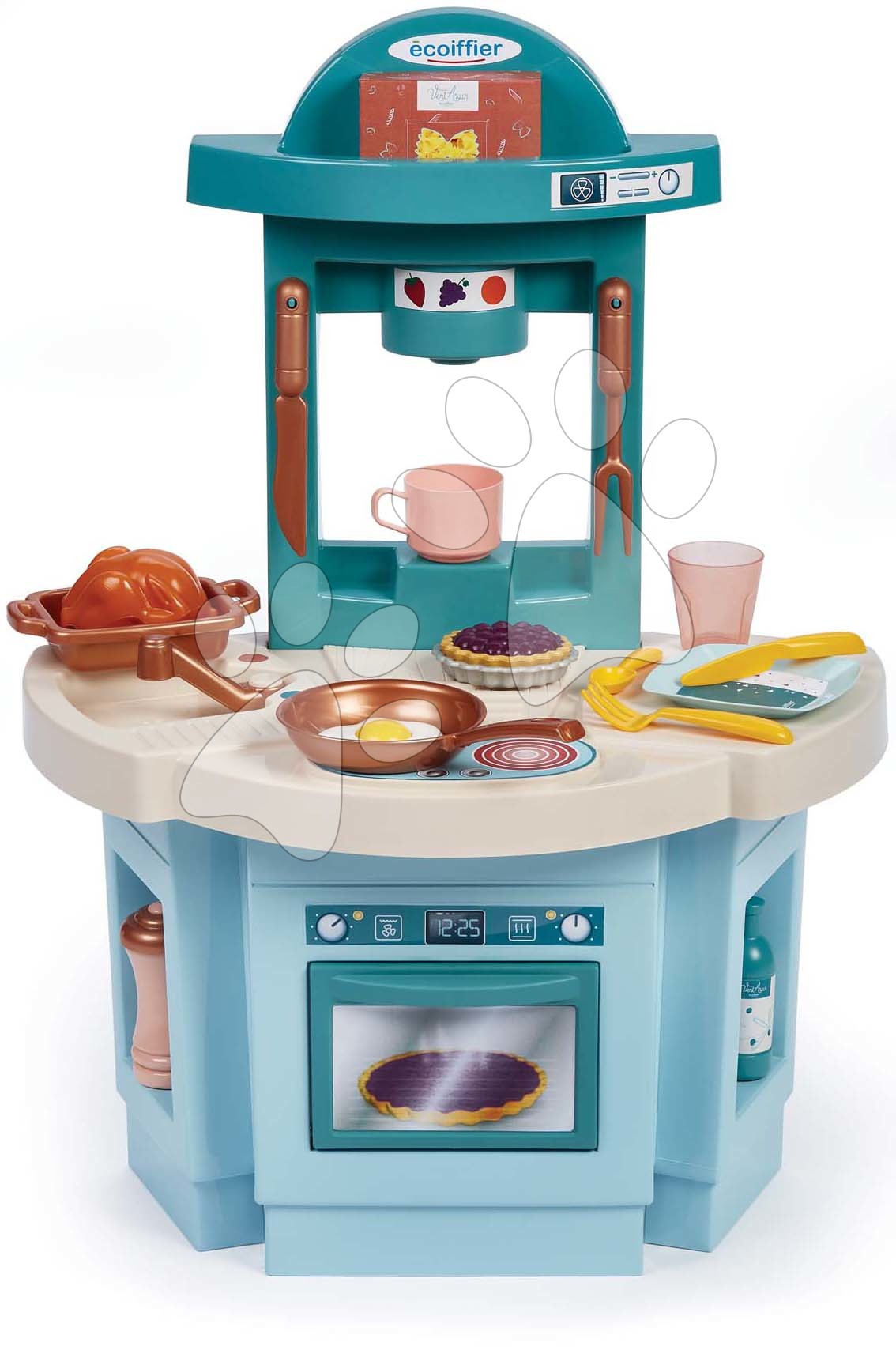 Egyszerű játékkonyhák - Játékkonyha legkisebbeknek My 1st Kitchen Vert Azur Écoiffier étkezőgarnitúrával és étellel 18 kiegészítő 60 cm magas 18 hó-tól