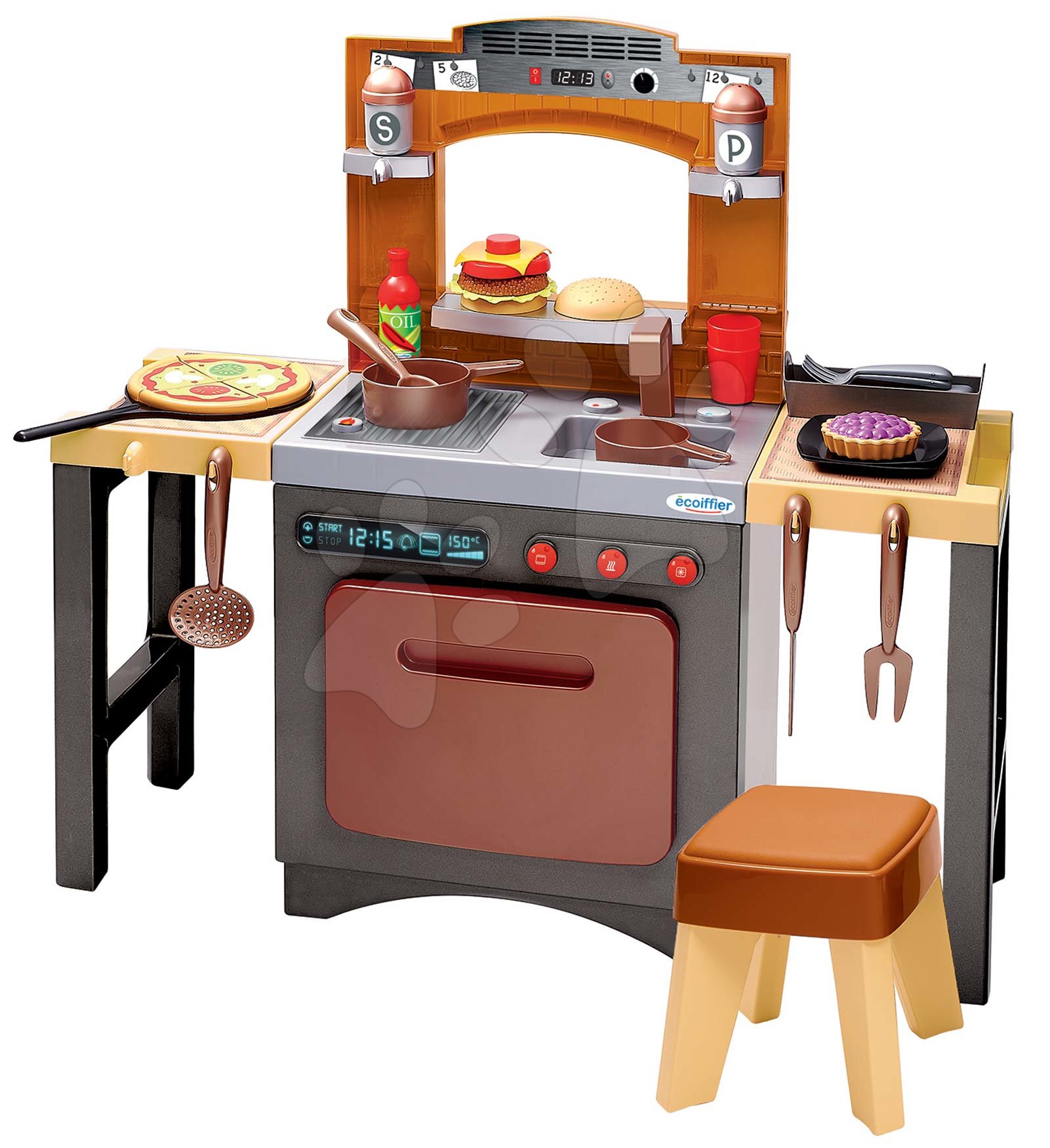 Obyčejné kuchyňky - Kuchyňka s pizzou Pizzeria Écoiffier oboustranná polohovatelná se židlí a 33 doplňky od 18 měsíců