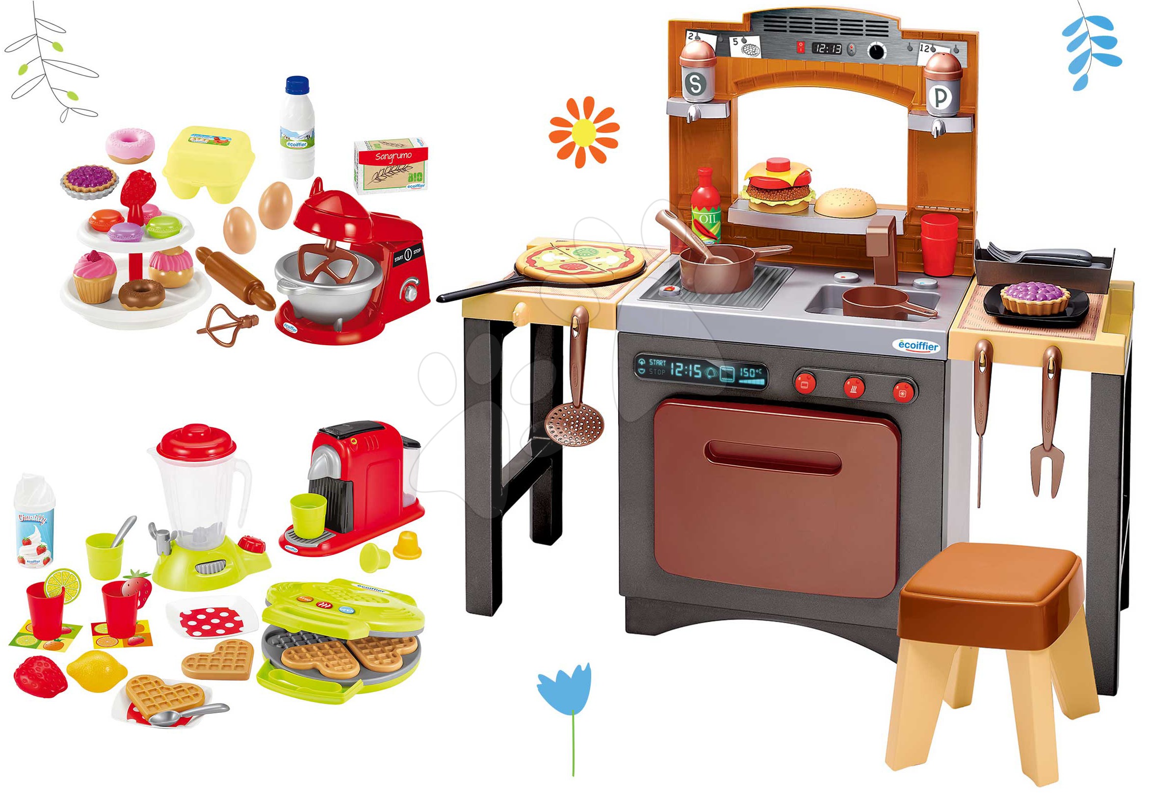 Obyčejné kuchyňky - Set kuchyňka s pizzou Pizzeria Écoiffier oboustranná s vaflovačem a kuchyňským robotem s doplňky
