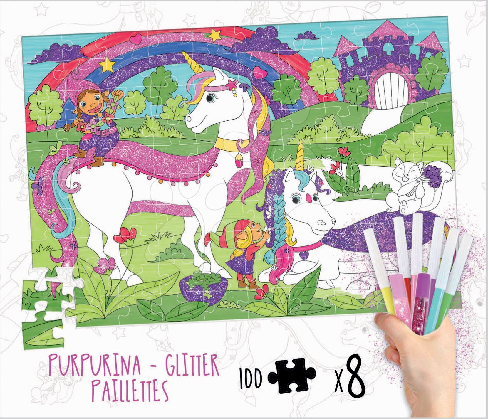 Dječje puzzle od 100 do 300 dijelova - Puzzle bojanke Jednorog Colouring Activities u kovčegu Educa 100 dijelova - bojanje sa svjetlucavim flomasterima od 6 godina