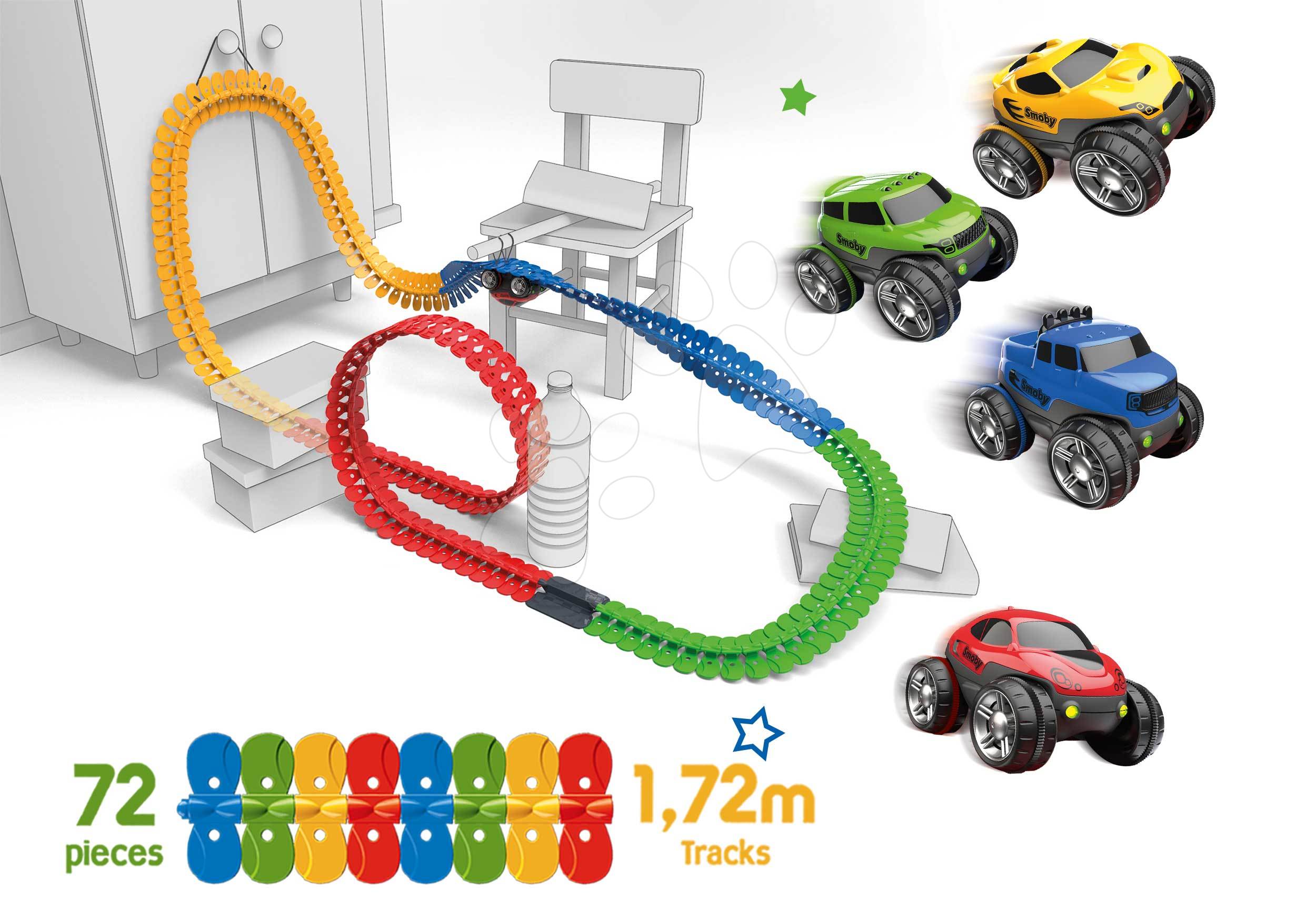 Sets Autos - Set Autobahn flexibel FleXtrem Discovery Set Smoby mit 612 cm verlängerter Autobahn und 4 elektronischen Spielzeugautos