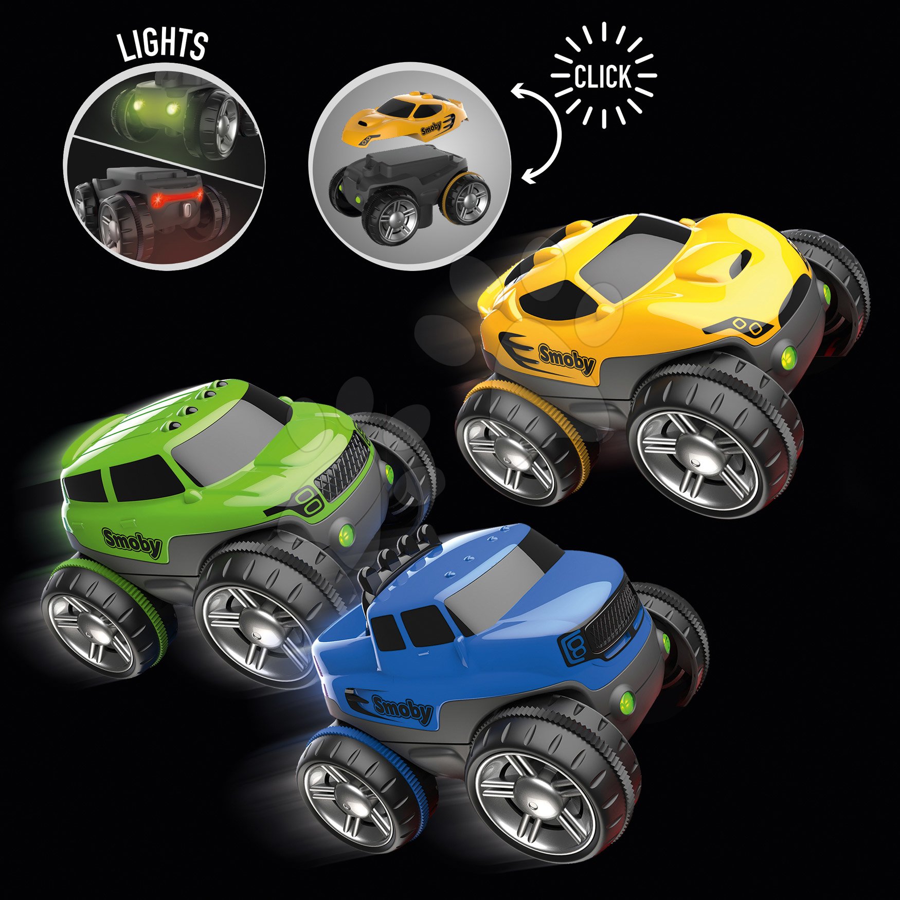 Auto staze - Dodatni autići za fleksibilnu autostazu FleXtrem Discovery Set Smoby s tri izmjenjive karoserije plava žuta i zelena od 4 godine