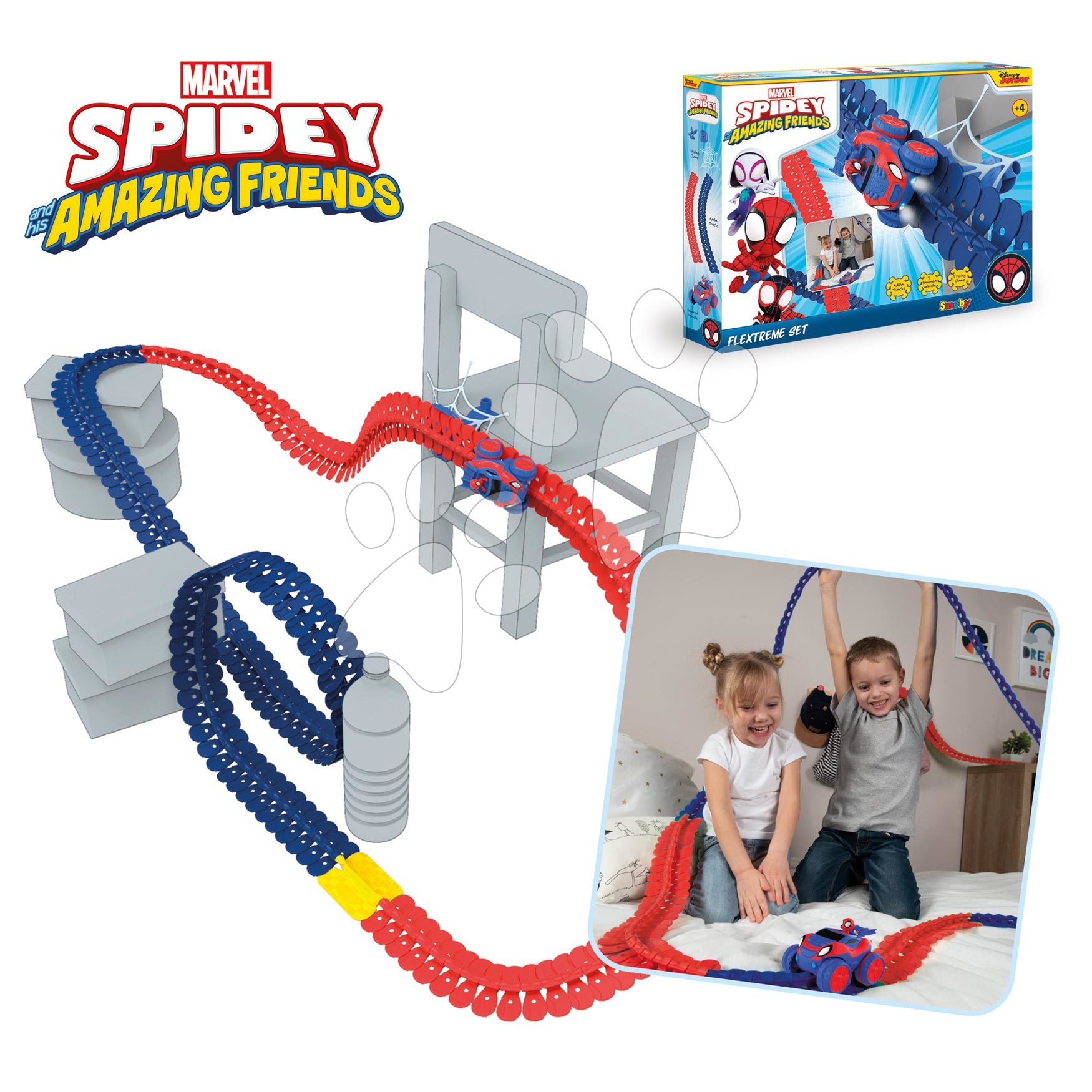 E-shop Flexibilná autodráha Spidey Marvel Flextrem Set Smoby s elektronickým autíčkom 184 dielov dráhy 4,40 m dĺžka s pavučinou od 4 rokov