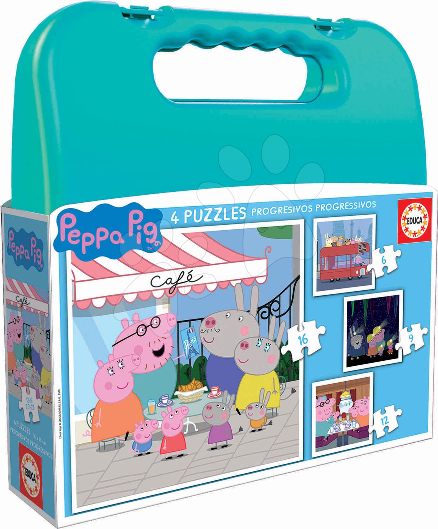 Puzzle v kufríku Peppa Pig Progressive Educa 6-9-12-16 dielov od 4 rokov
