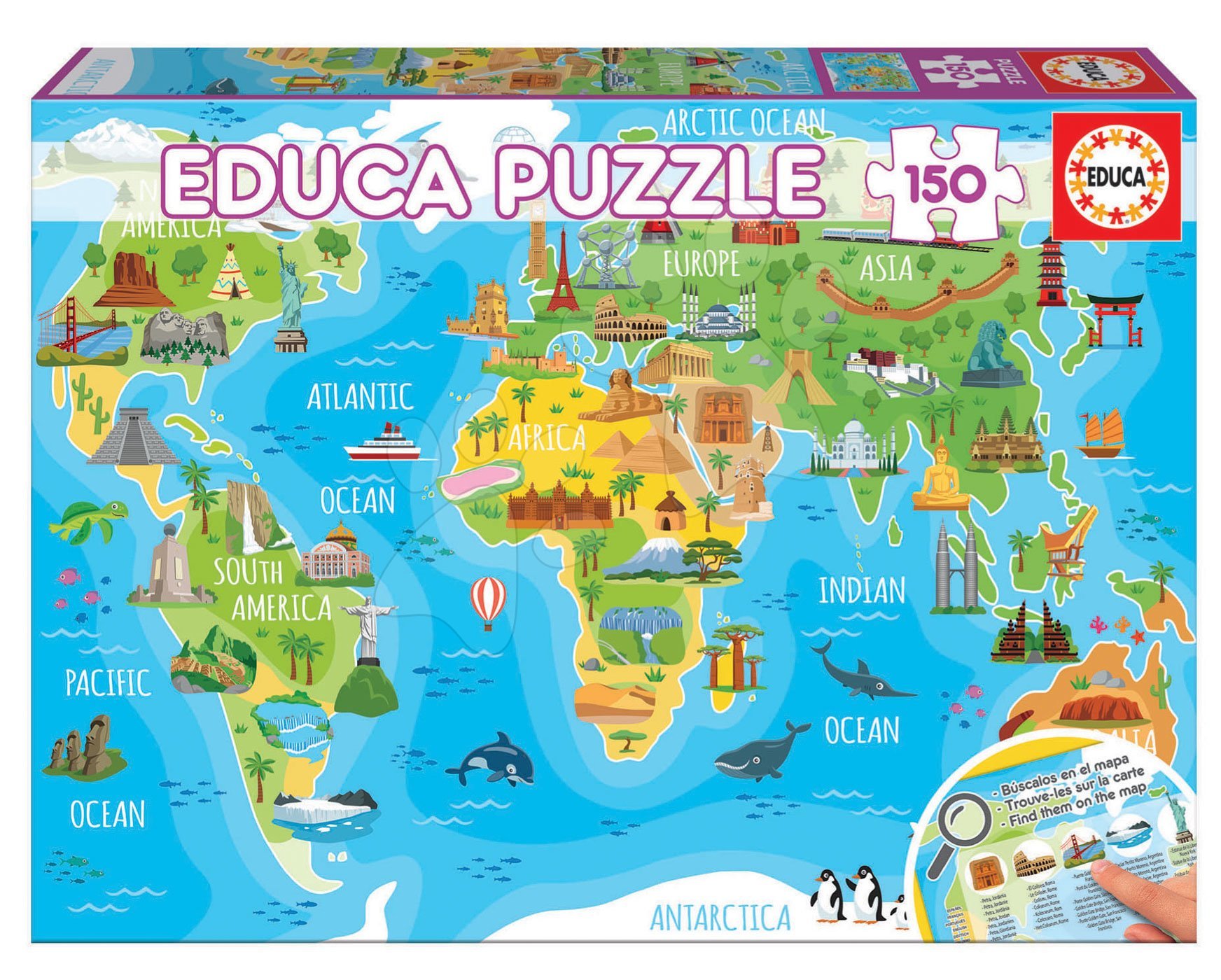 Puzzle Mapa sveta s monumentmi Educa 150 dielov od 7 rokov