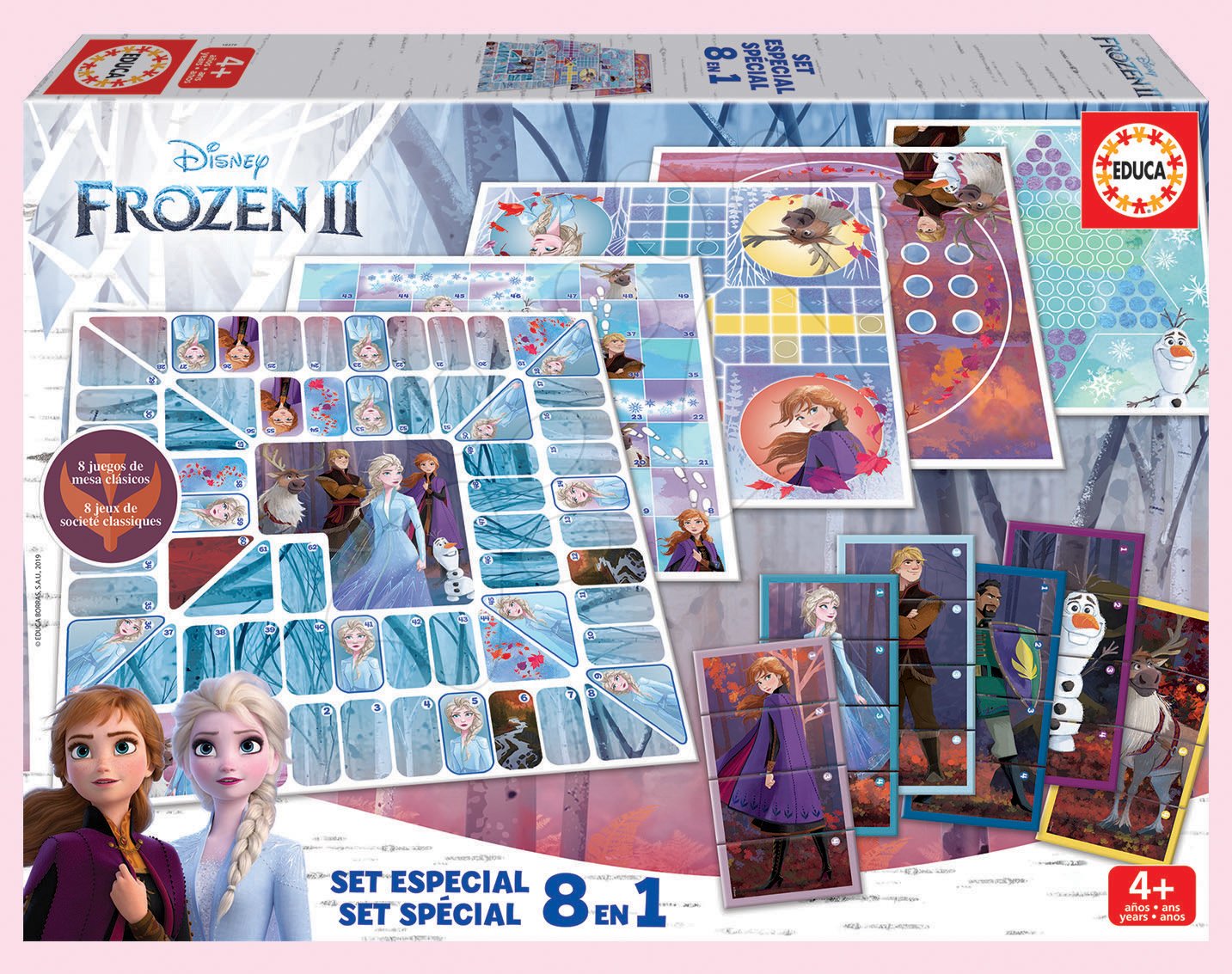 Detské spoločenské hry Frozen 2 Disney 8v1 Special set Educa od 4 rokov po anglicky francúzsky španielsky