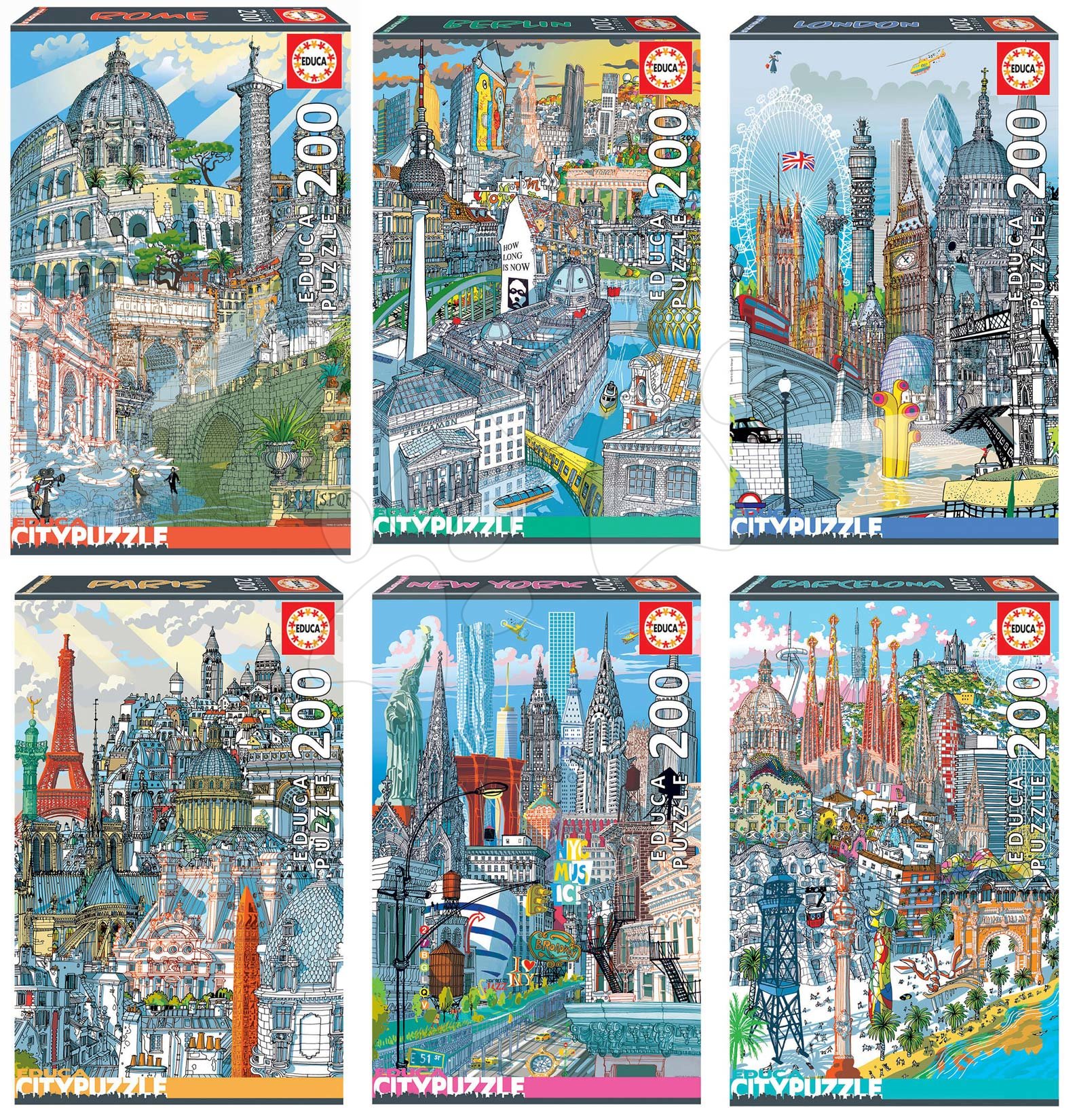 Dječje puzzle od 100 do 300 dijelova - Set Puzzle Citypuzzles Carlo Stanga Educa 6x200 dijelova - Rome, Berlin, London, Paris, New York, Barcelona ilustrator od 8 godina