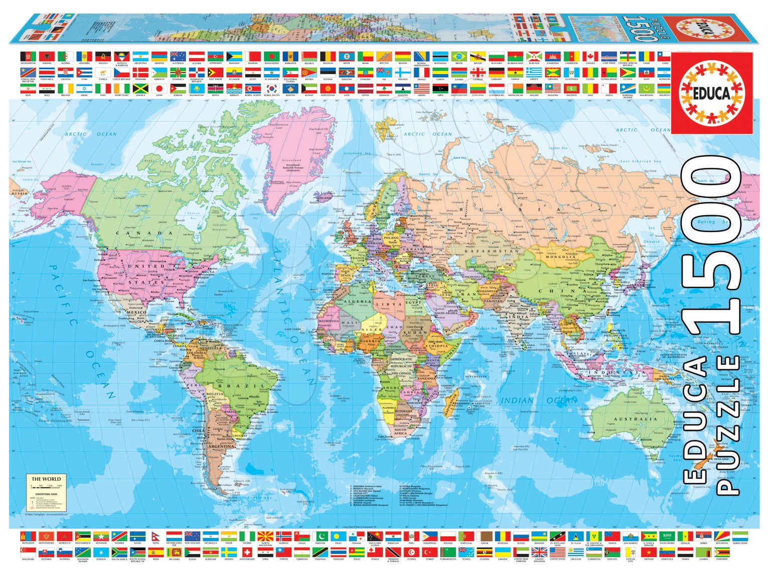 Puzzle Political Worldmap Educa 1500 dílků a Fix lepidlo od 11 let