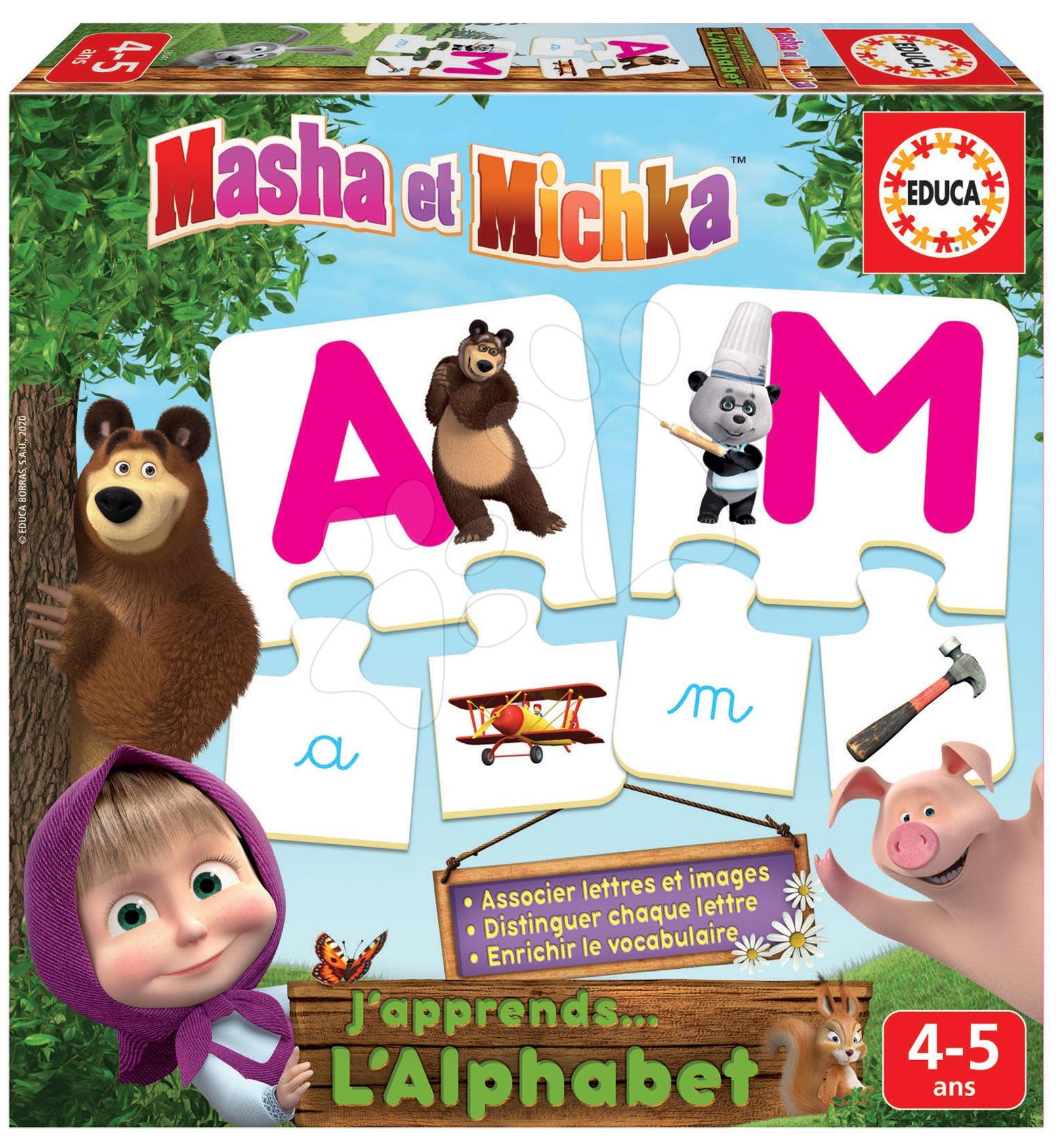 Dětské puzzle do 100 dílků - Puzzle Písmenka abecedy Máša a medvěd Educa 78 dílů francouzsky od 4 let
