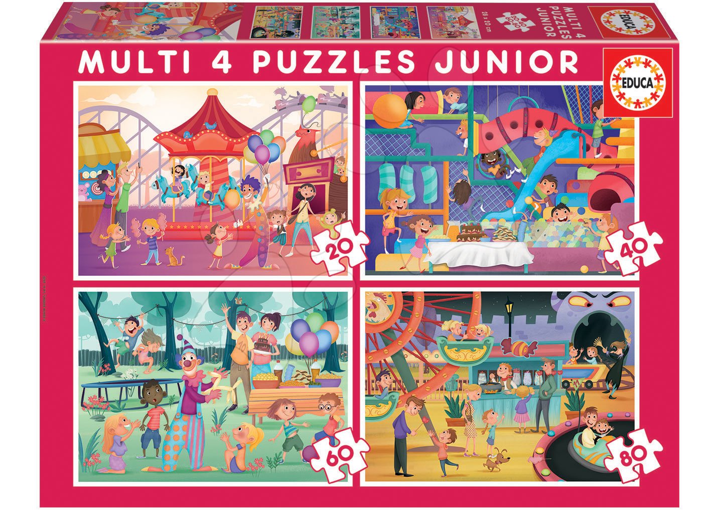 Puzzle Multi 4 Junior Park atractions+Children\'s party Educa 20-40-60-80 dílků od 4 let