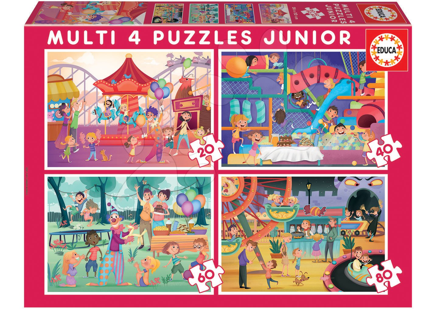 Puzzle Multi 4 Junior Park atractions+Children's party Educa 20-40-60-80 darabos 4 évtől