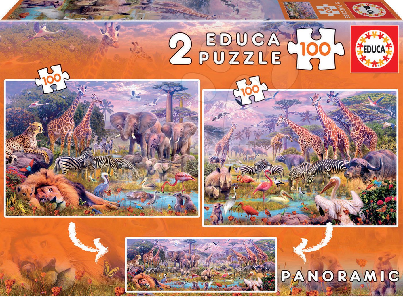 Panoráma puzzle Vadon élő állatok Educa 2x100 darabos 6 évtől