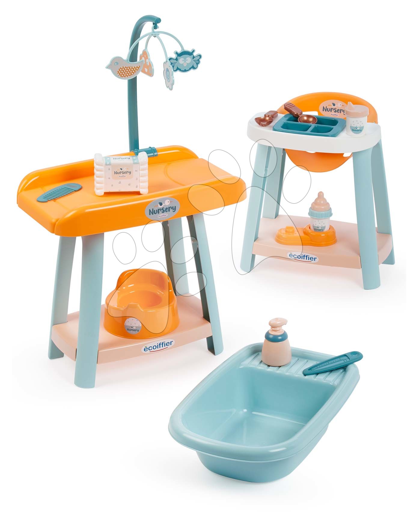 Hišice za dojenčke - Set za nego dojenčka Nursery 3v1 Écoiffier previjalna mizica stolček za hranjenje in banjica s kahlico od 18 mes
