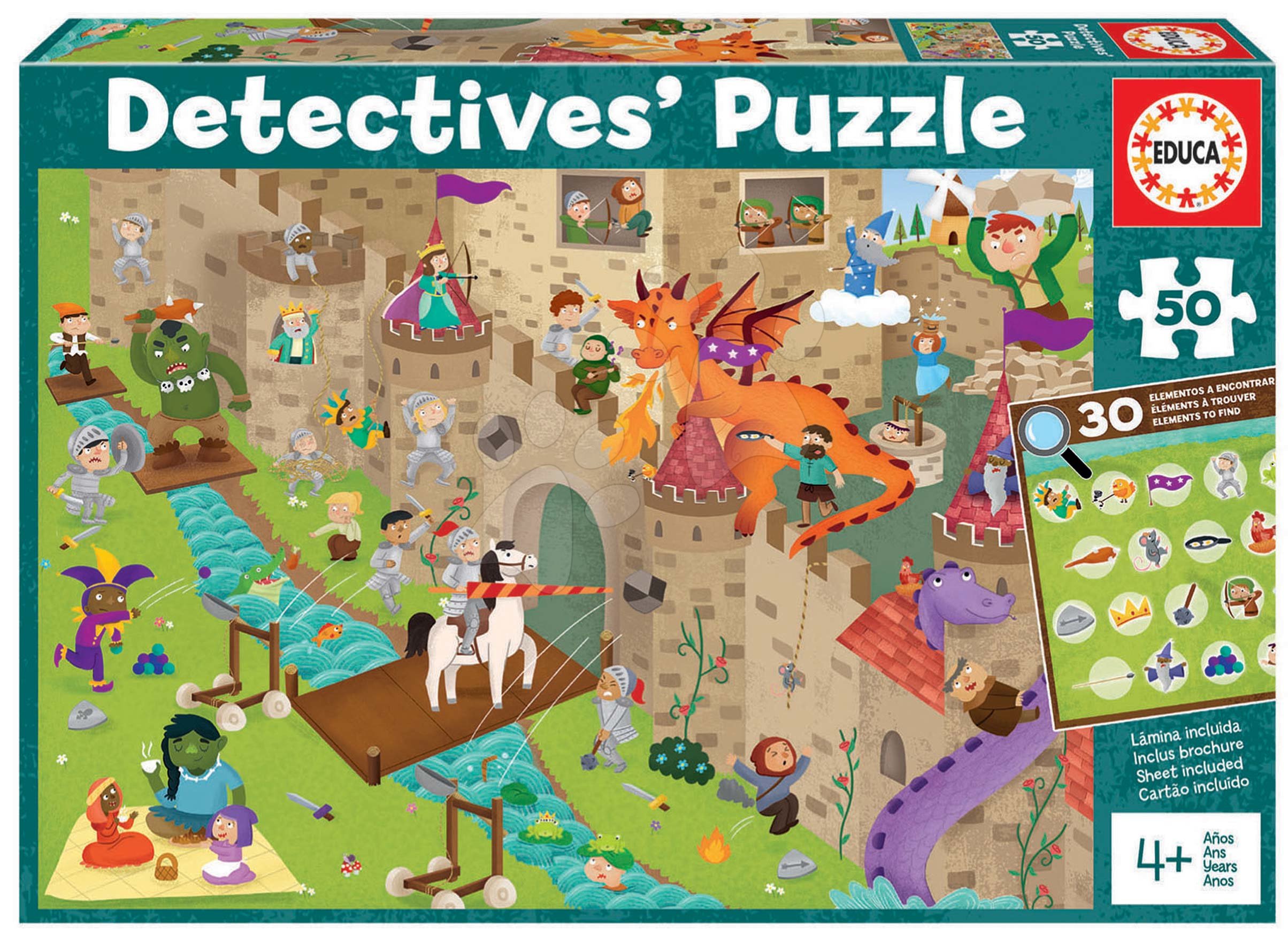 Detské puzzle do 100 dielov - Puzzle rytiersky zámok Detectives Castle Educa hľadaj 30 predmetov 50 dielne od 4 rokov