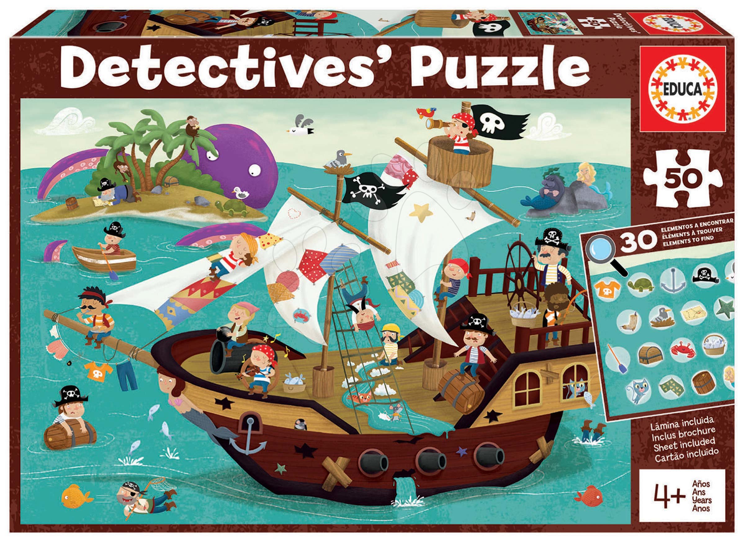 E-shop Puzzle pirátska loď Detectives Pirates Boat Educa hľadaj 30 predmetov 50 dielne od 4 rokov