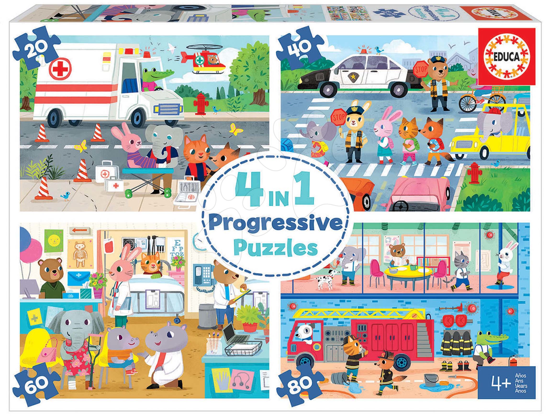 Progresivní dětské puzzle - Puzzle hrdinové Heroes to the Rescue Progressive Educa zvířátka v akci 20-40-60-80 dílčích od 4 let