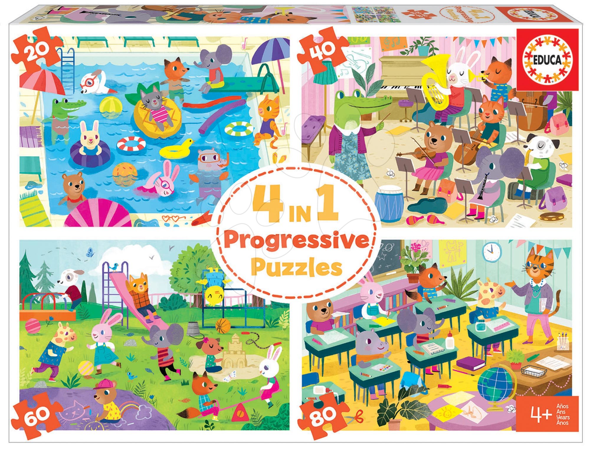Progresivní dětské puzzle - Puzzle škola School Day Progressive Educa zvířátka školáci 20-40-60-80 dílné od 4 let