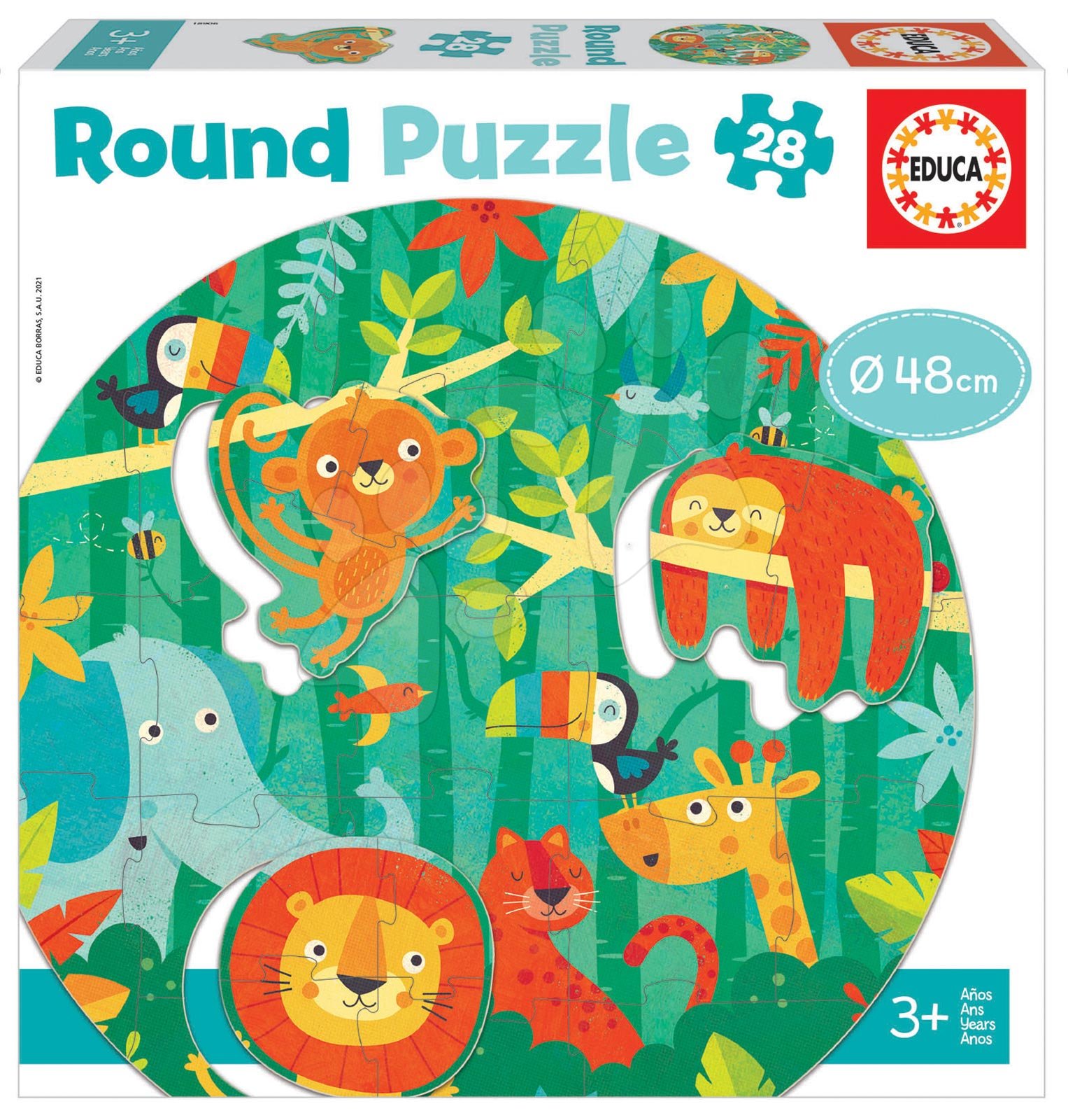 Puzzle pre najmenších okrúhle The Jungle Round Educa zvieratká v džungli 28 dielov 48 cm priemer